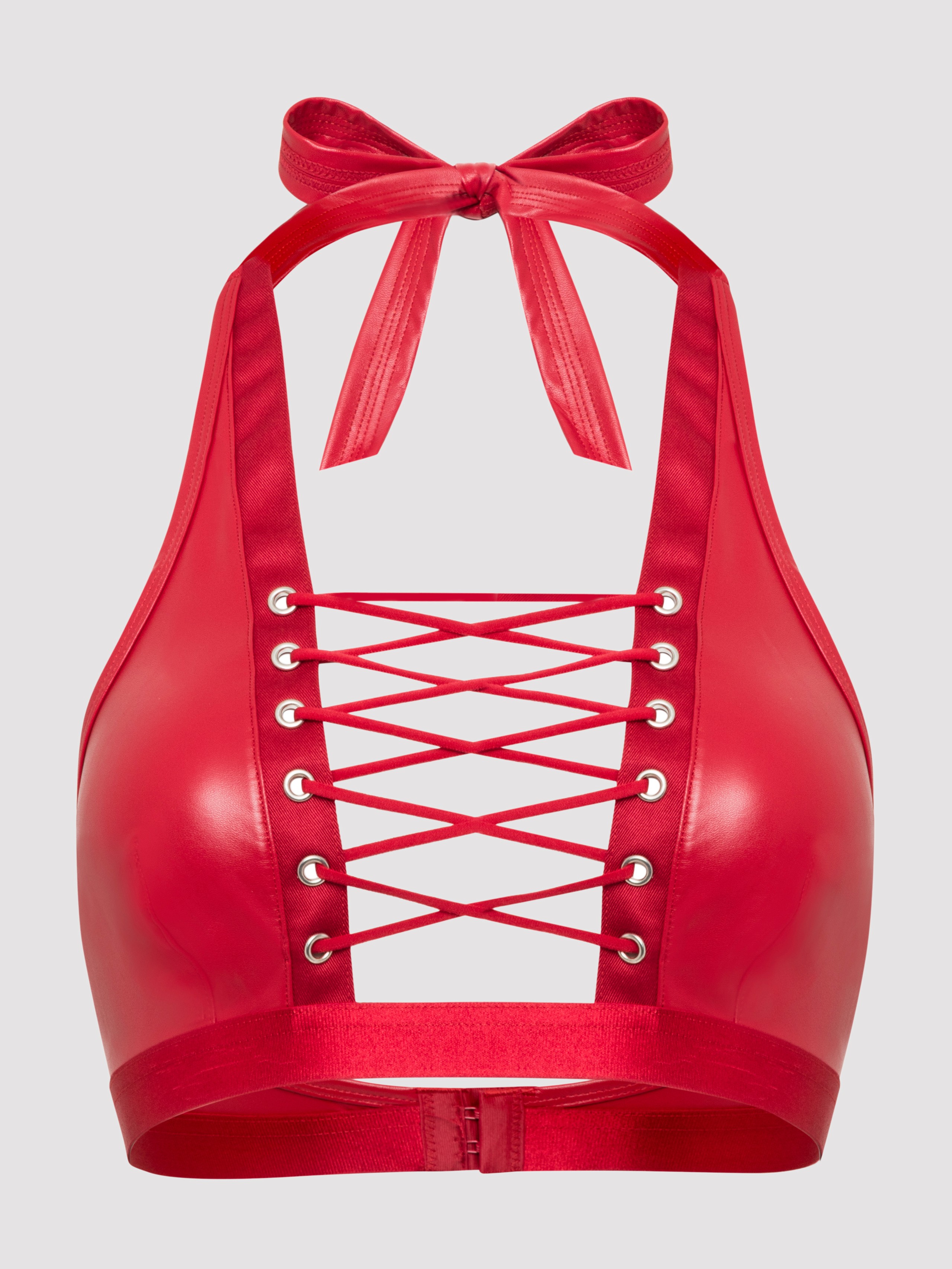 Lovehoney Fierce Leather-Look Lace-Up Red Halterneck Bra, Red, hi-res
