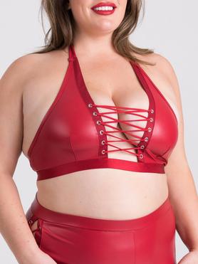 Lovehoney Plus Size Fierce Leather Look Lace-Up Red Halterneck Bra