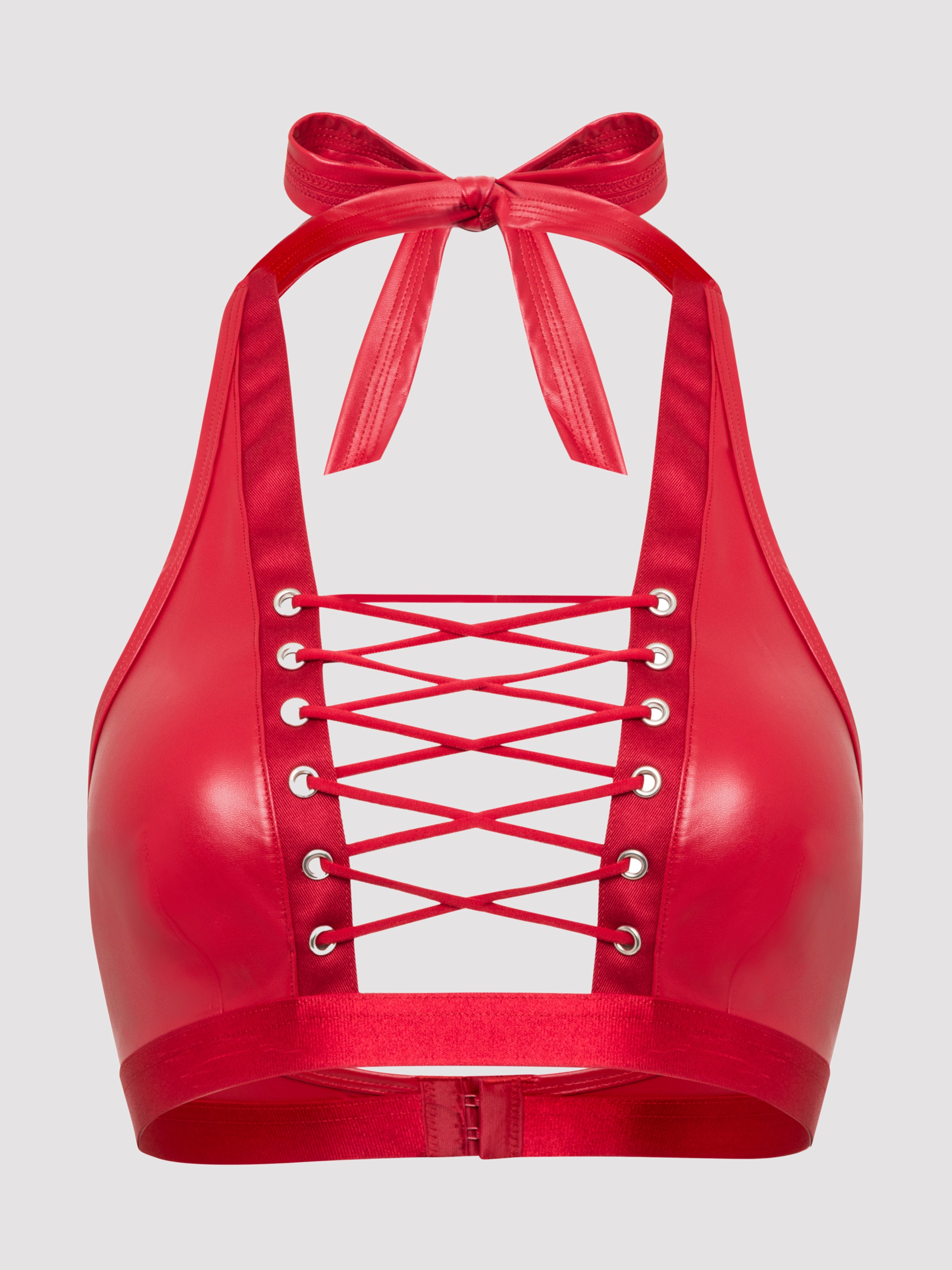 Lovehoney Fierce Leather-Look Lace-Up Red Halterneck Bra, Red, hi-res