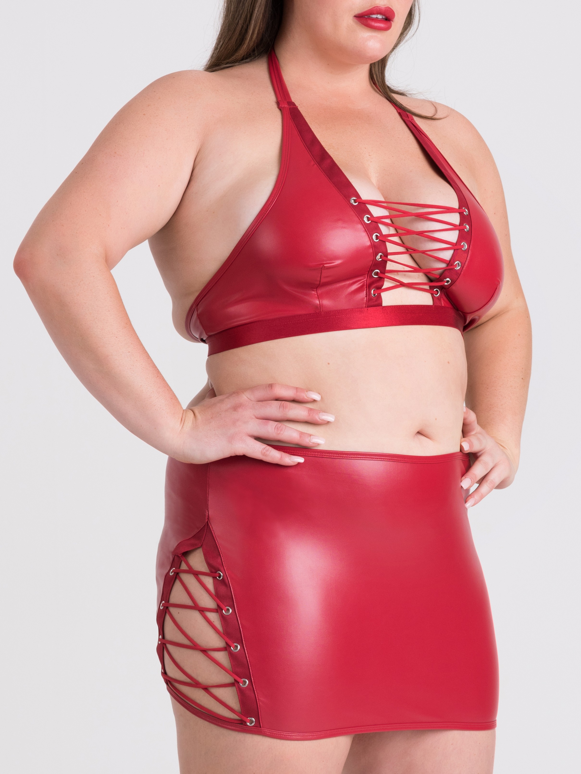 Lovehoney Fierce Leather-Look Lace-Up Red Skirt, Red, hi-res