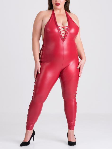 Lovehoney Fierce Leather-Look Lace-Up Catsuit, Red, hi-res