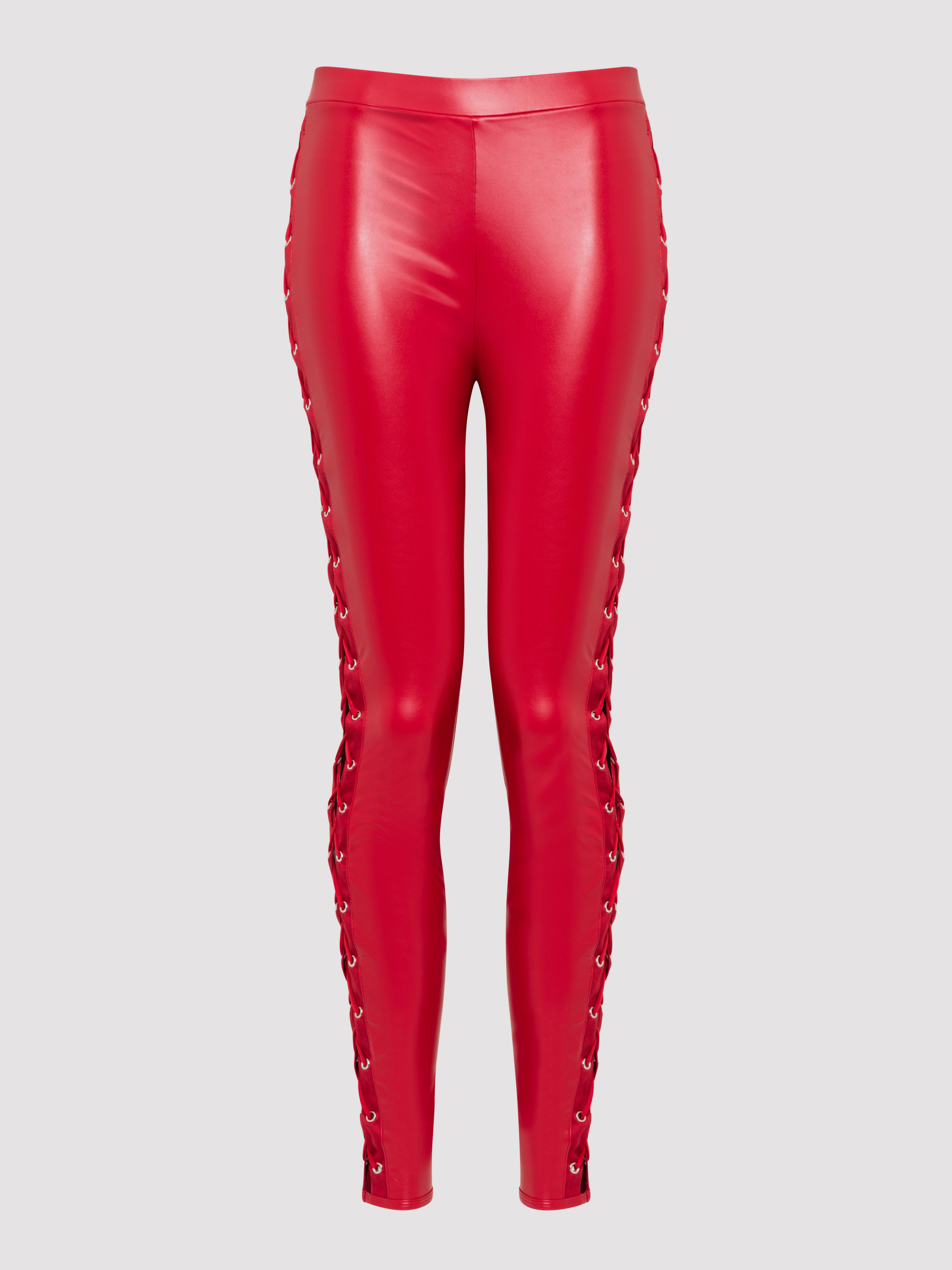 Lovehoney Fierce Leather-Look Lace-Up Red Leggings, Red, hi-res