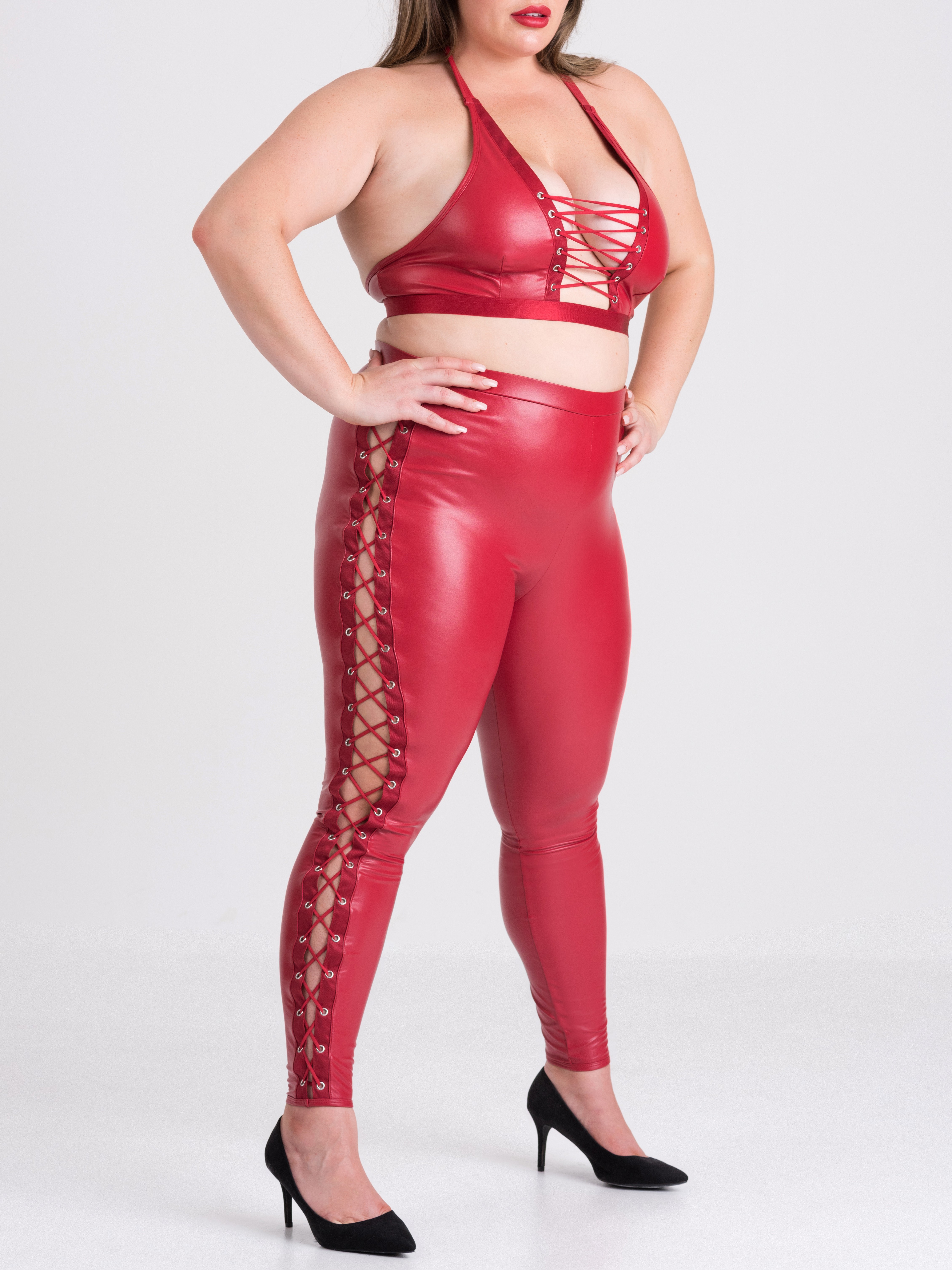 Lovehoney Fierce Leather-Look Lace-Up Red Leggings, Red, vanilla