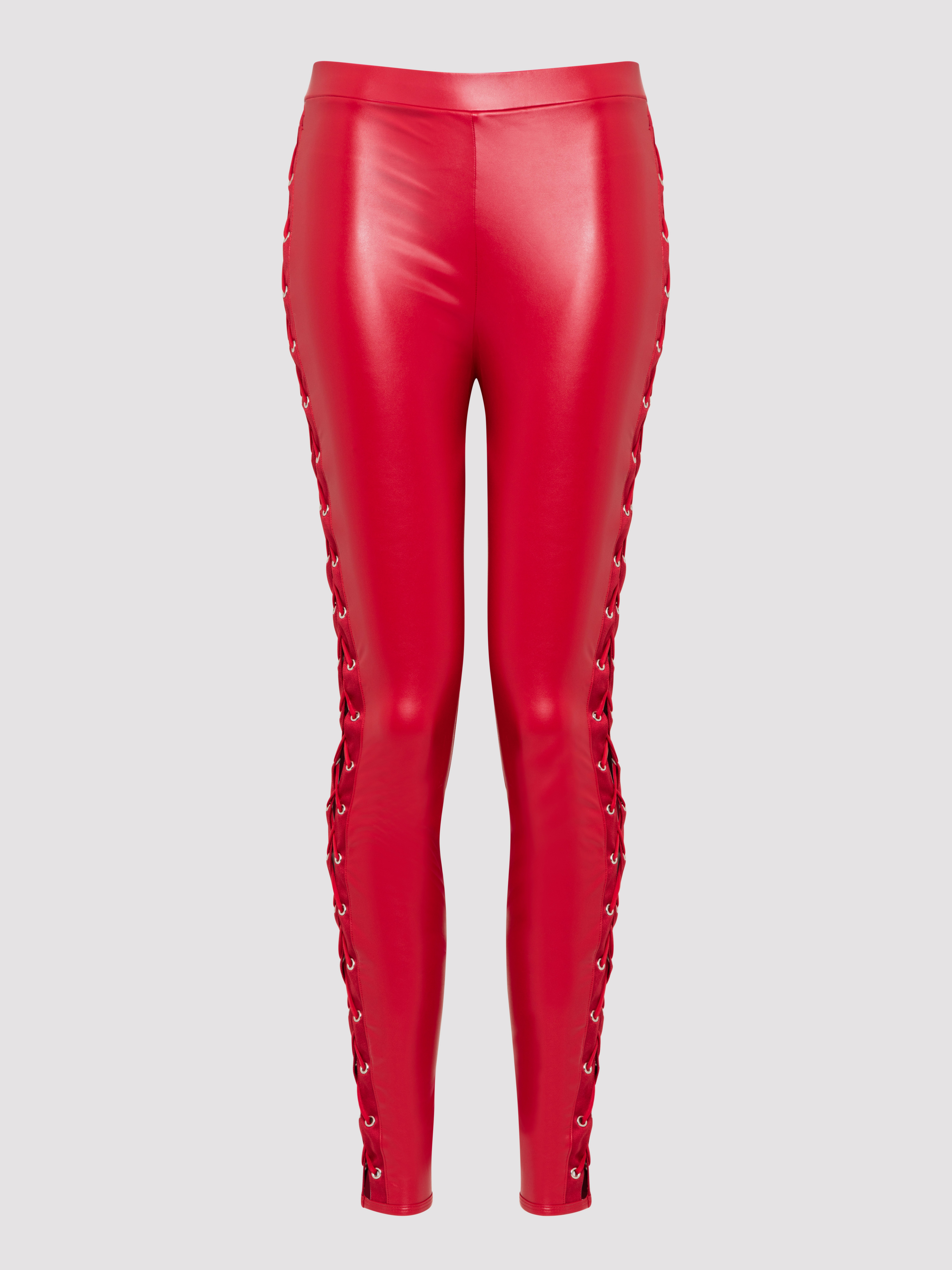 Lovehoney Fierce Leather-Look Lace-Up Red Leggings, Red, hi-res