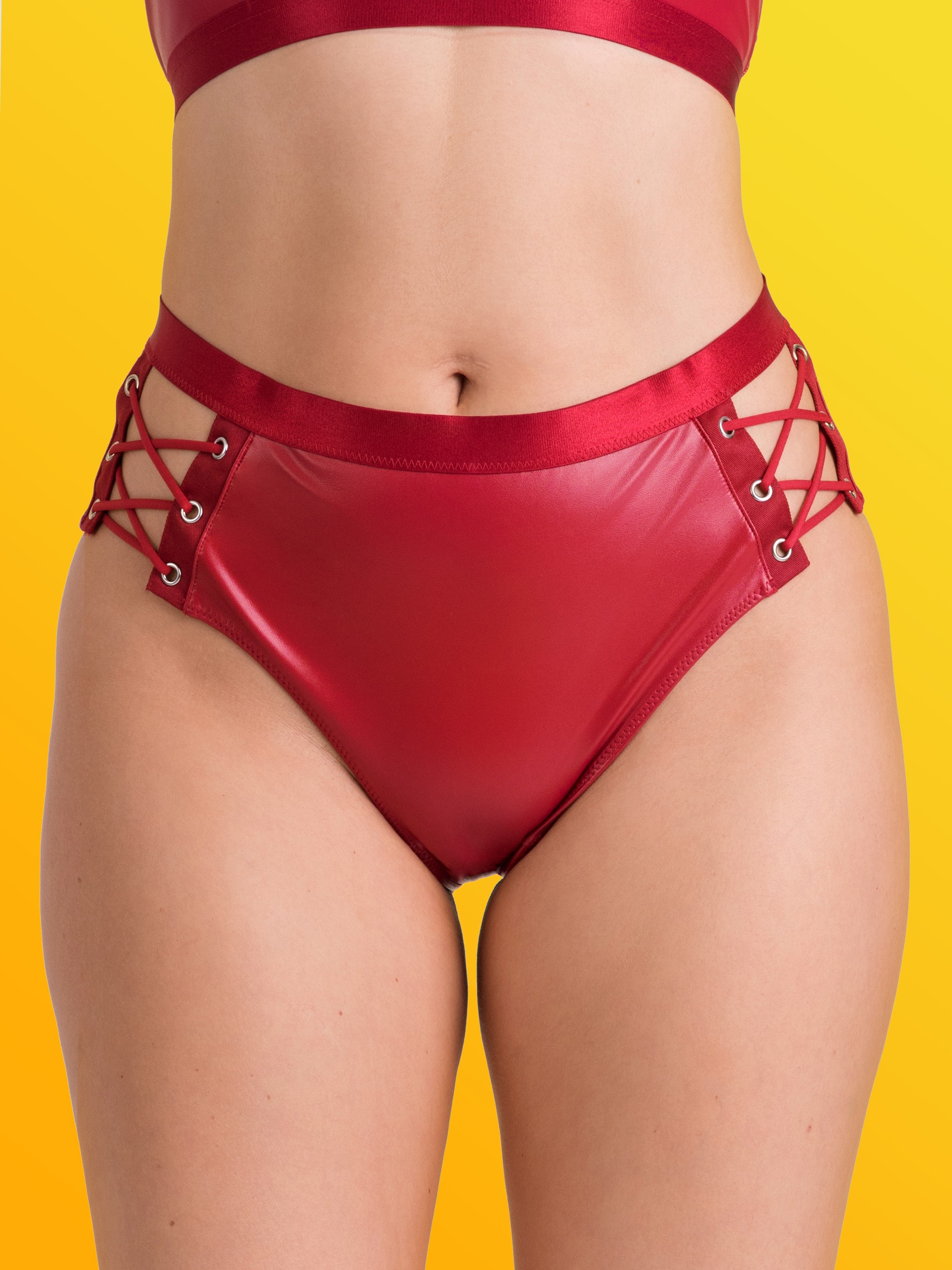 Lovehoney Fierce Leather-Look Lace-Up Open Back Crotchless Knickers, Red, vanilla