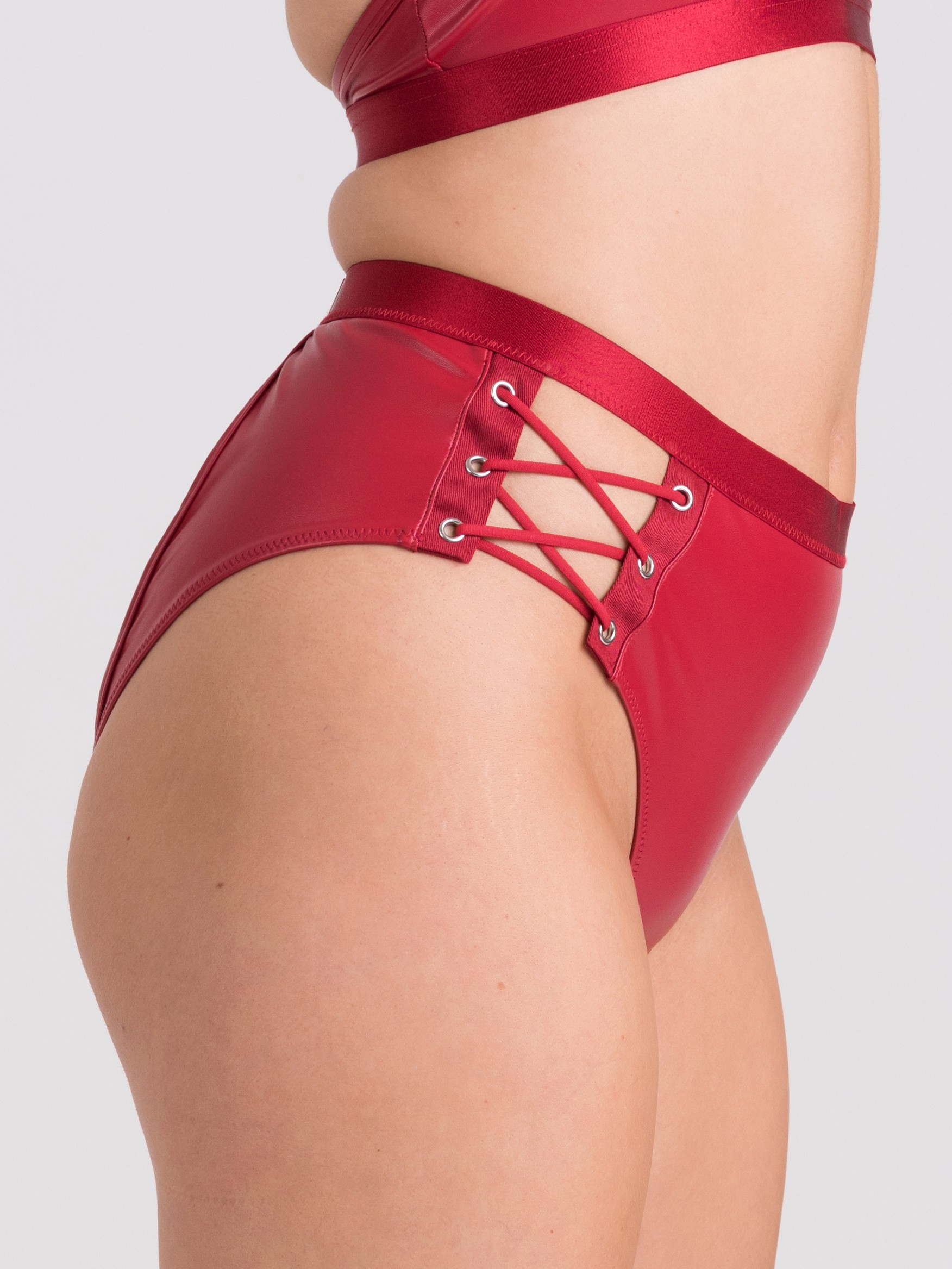 Lovehoney Fierce Leather-Look Lace-Up Open Back Crotchless Knickers, Red, hi-res