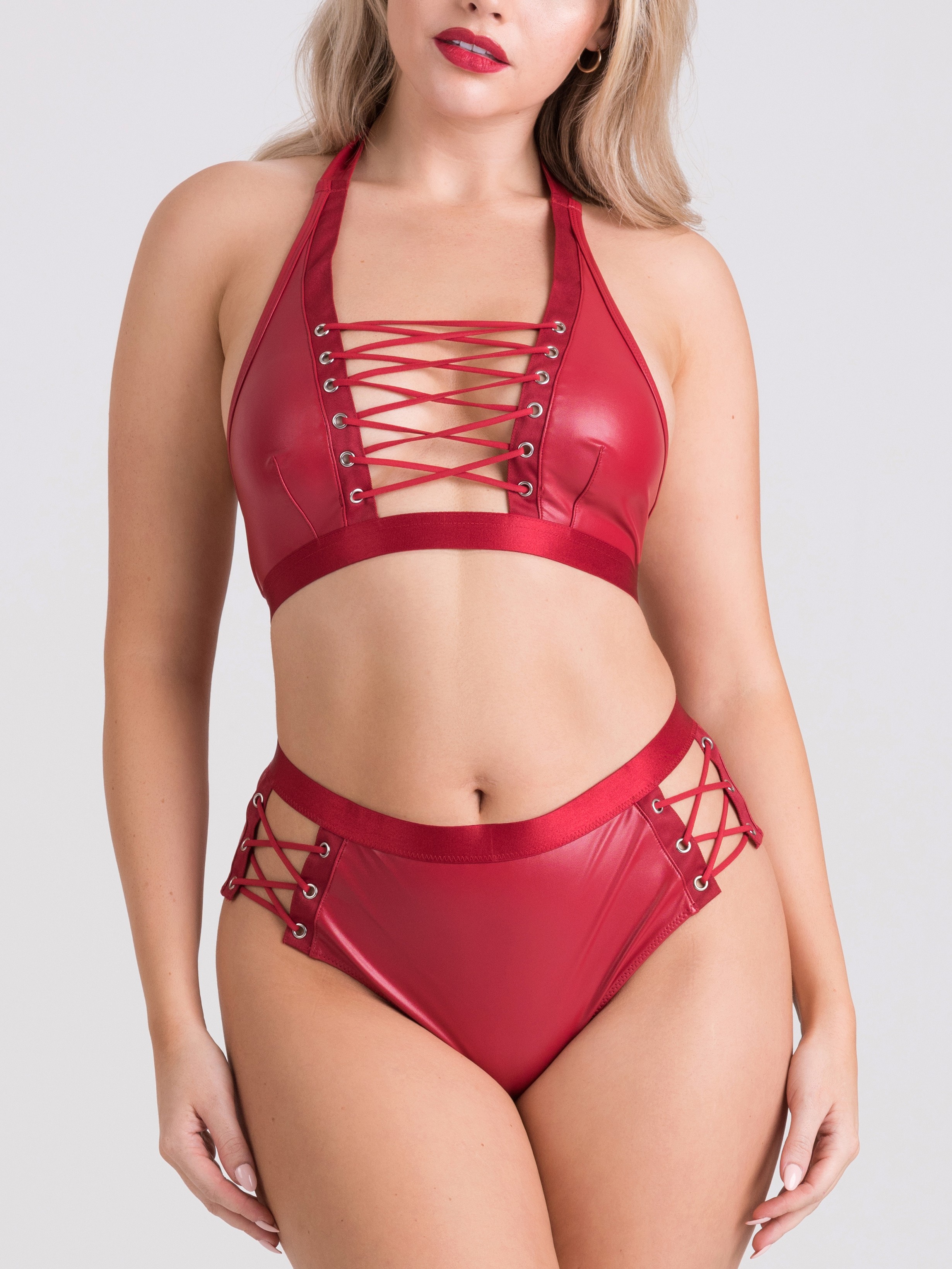 Lovehoney Fierce Leather-Look Lace-Up Open Back Crotchless Knickers, Red, vanilla
