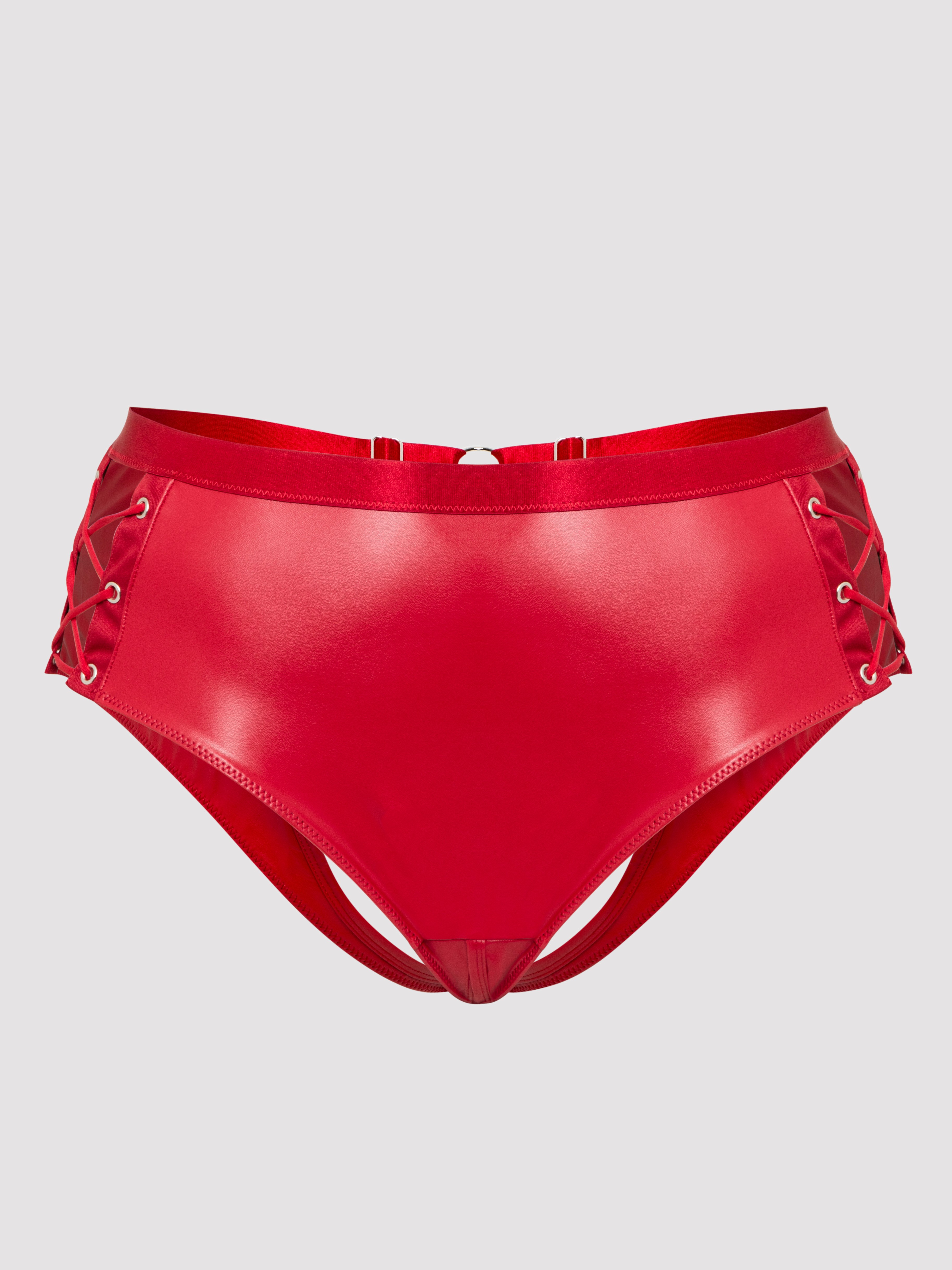 Lovehoney Fierce Leather-Look Lace-Up Open Back Crotchless Knickers, Red, hi-res