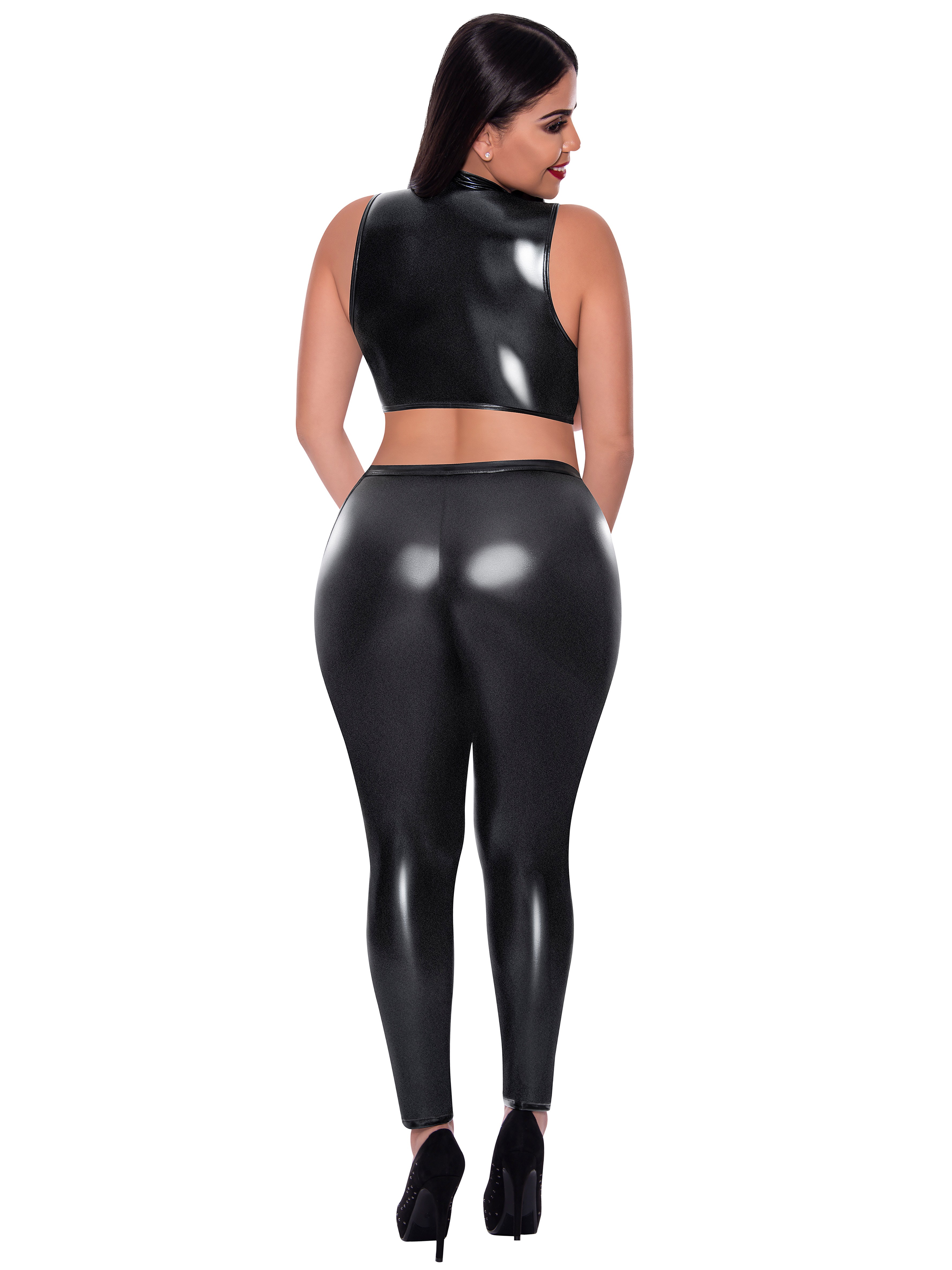 Exposed Liquid Onyx Black Wet Look Open-Cup Top and Leggings Set, Black, hi-res