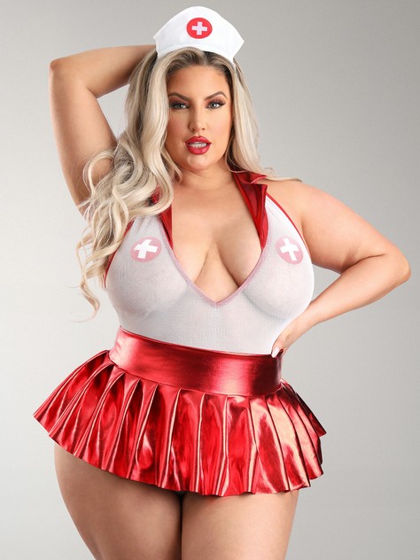 Fantasy Lingerie Pulse Check Red and White Wet look Nurse Costume, Red, hi-res