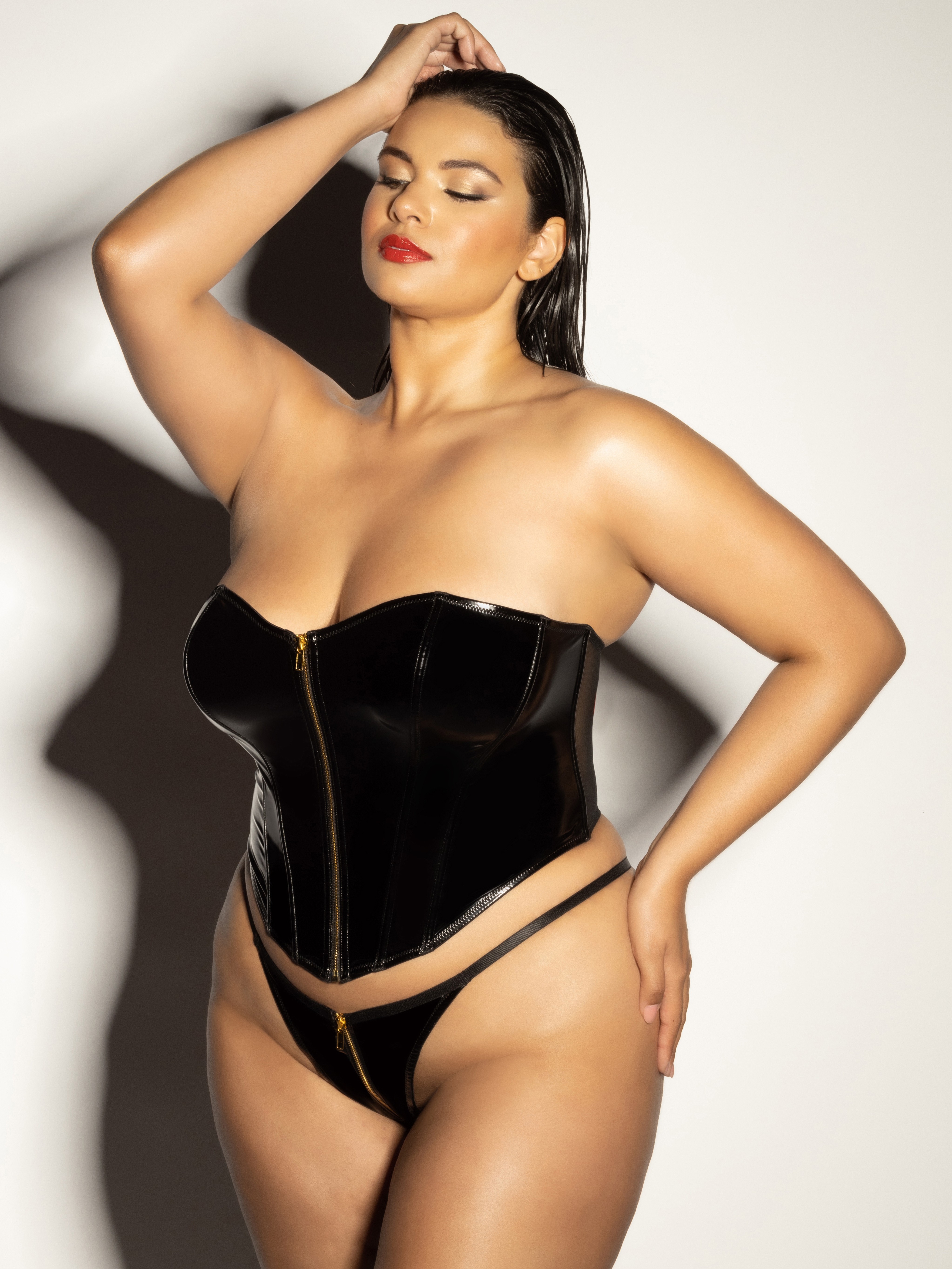 Oh La La Cherie Black Rider Vinyl Zip Front Corset, Black, hi-res