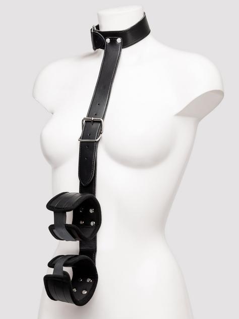 Bondage Boutique Faux Leather Collar to Wrist Restraints, Black, hi-res