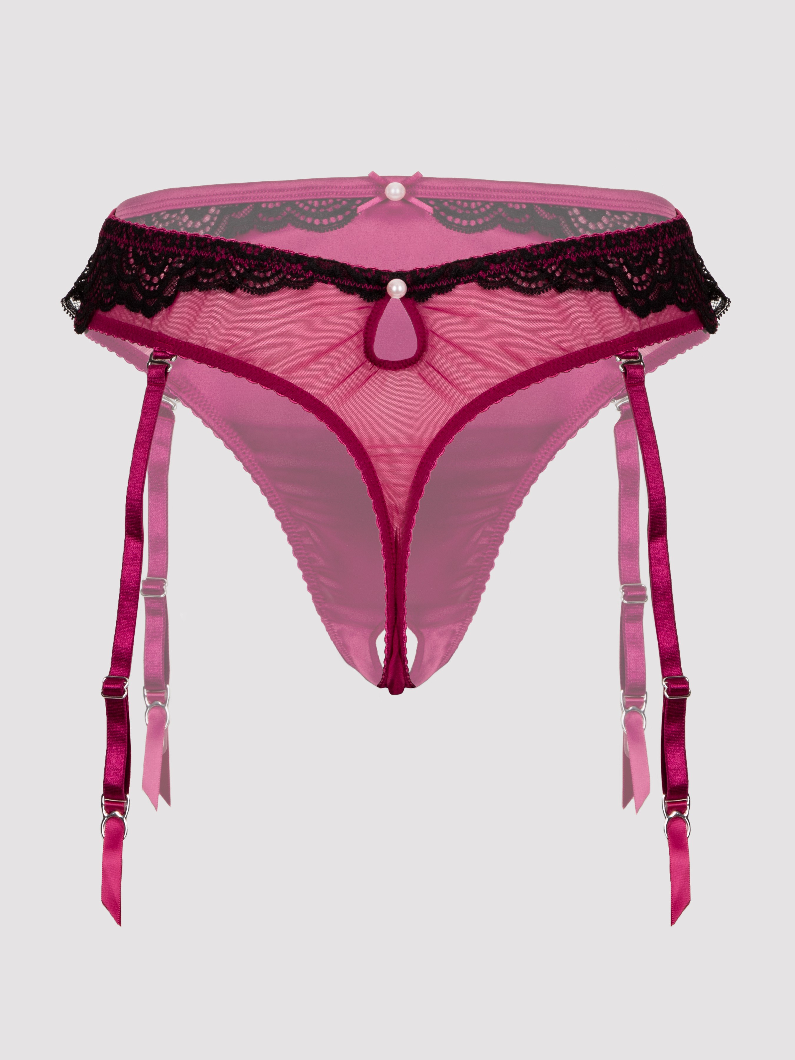 Lovehoney Satin Romance Purple High-Waisted Crotchless Suspender Thong, Purple, hi-res