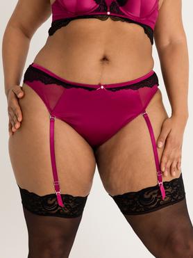Lovehoney Plus Size Satin Romance Purple High-Waisted Crotchless Suspender Thong