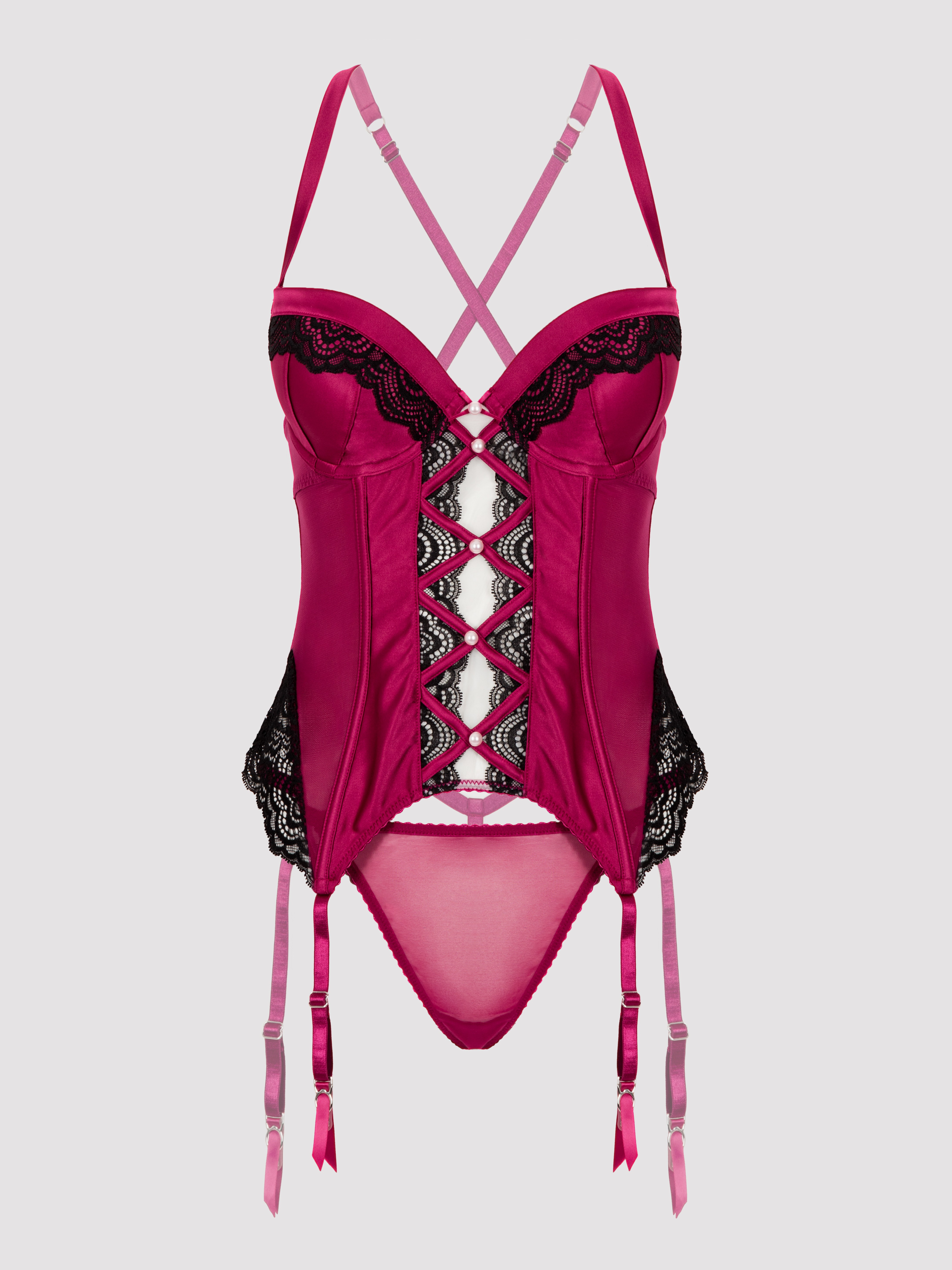 Lovehoney Satin Romance Purple Basque Set, Purple, hi-res