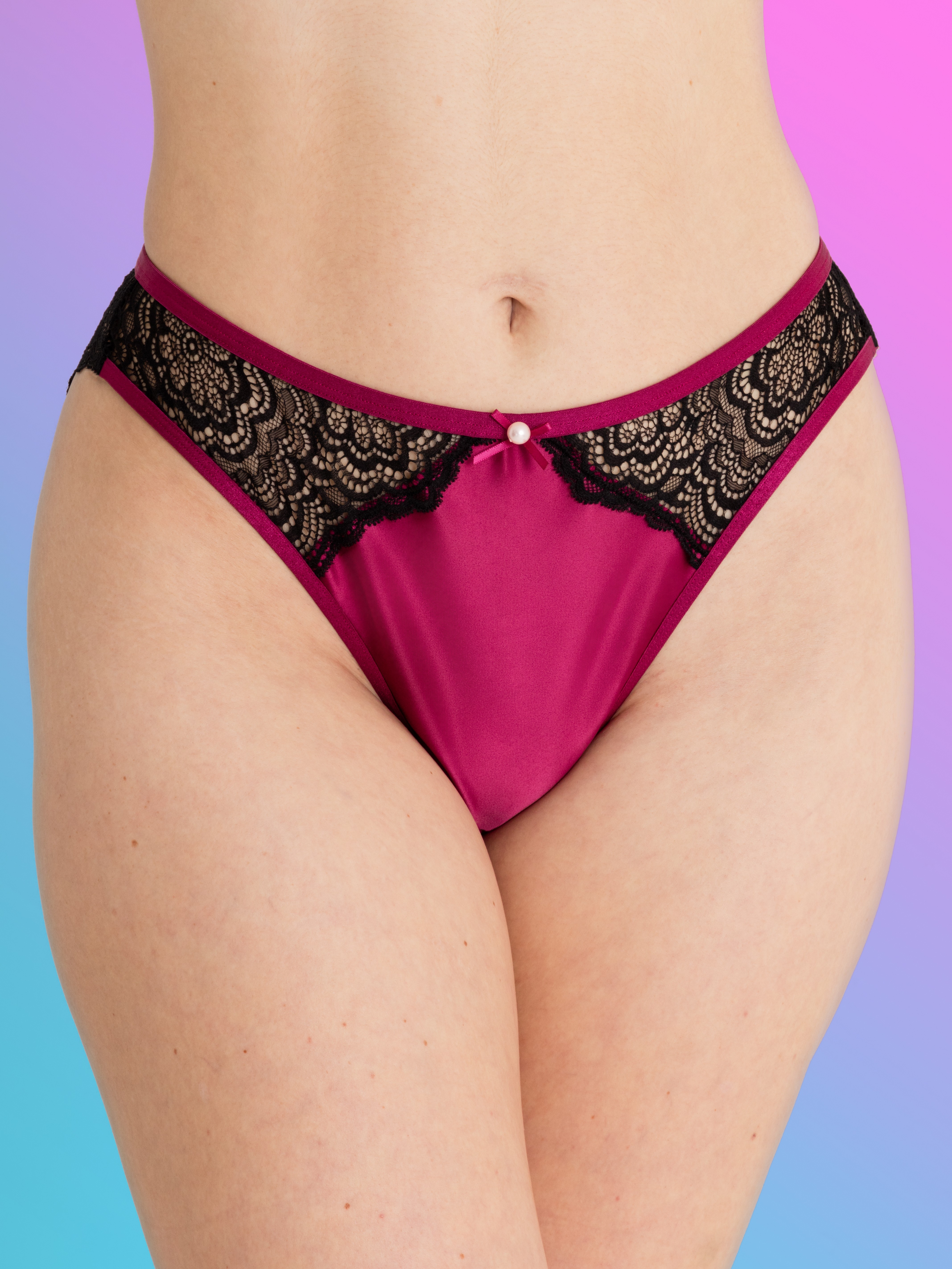 Lovehoney Satin Romance Black Open-Back Pearl Crotchless Knickers, Black, hi-res