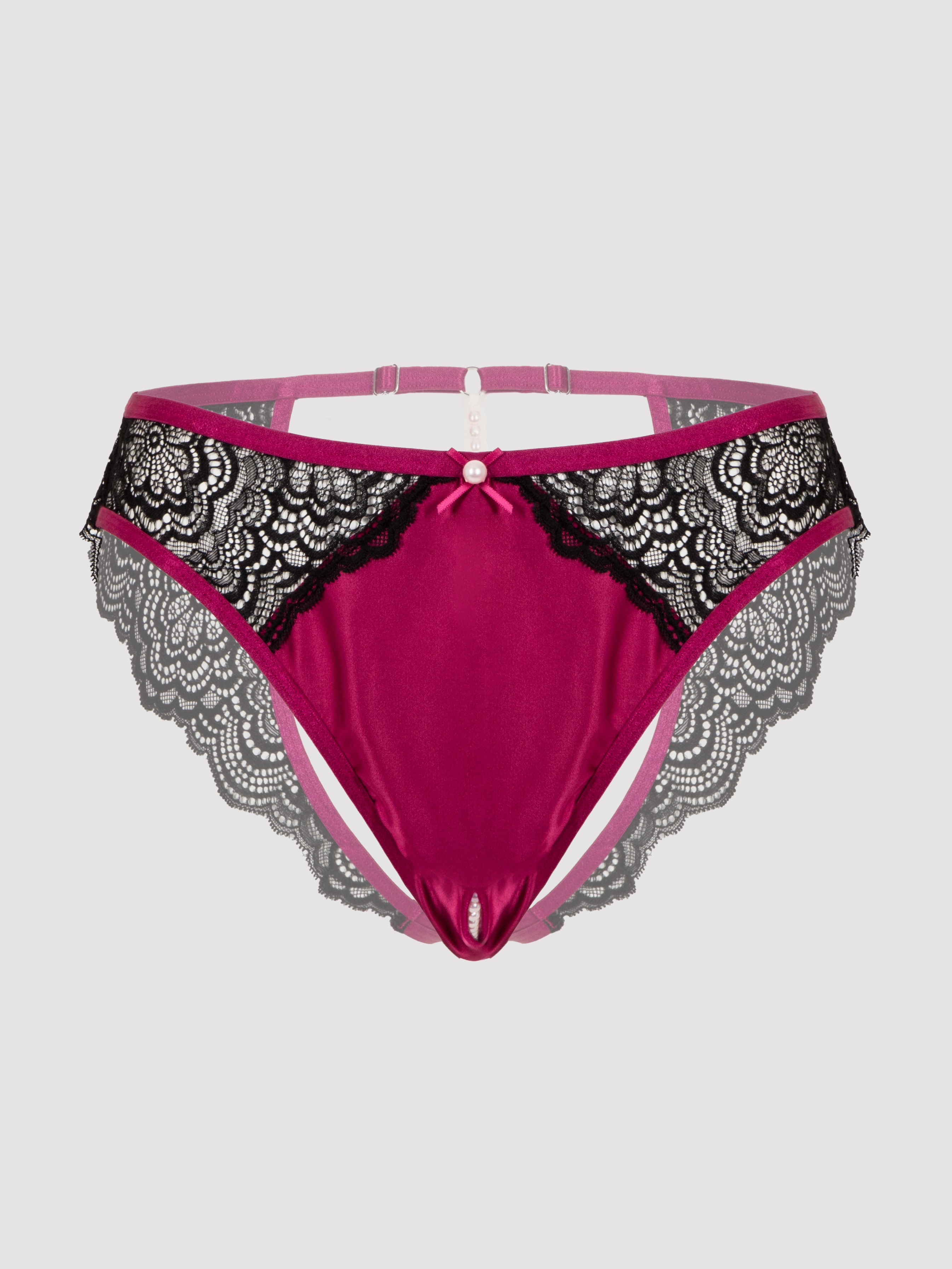 Lovehoney Satin Romance Black Open-Back Pearl Crotchless Knickers, Black, hi-res