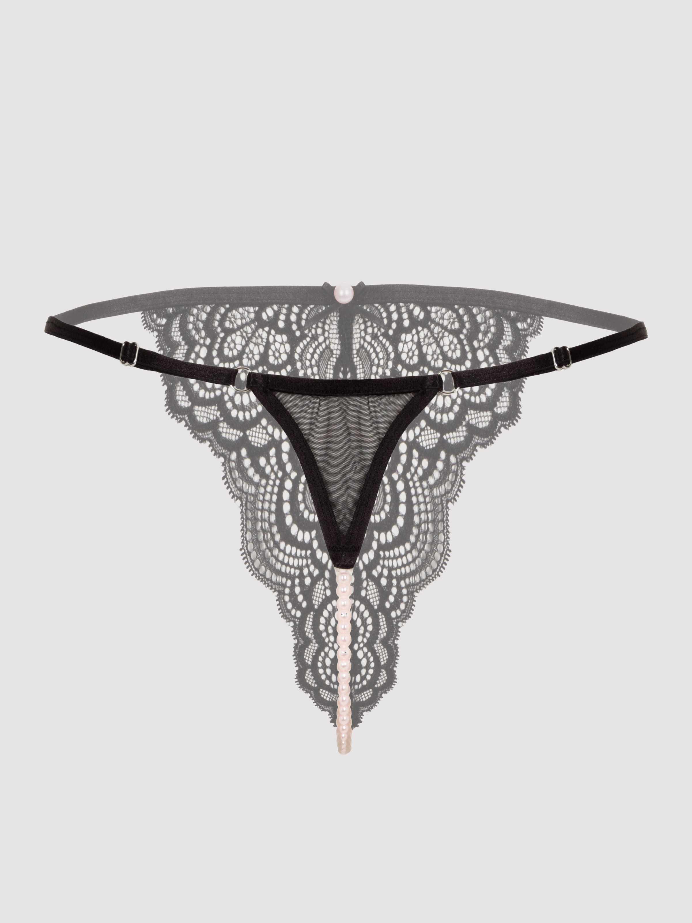 Lovehoney Satin Romance Black Lace Pearl Thong, Black, hi-res