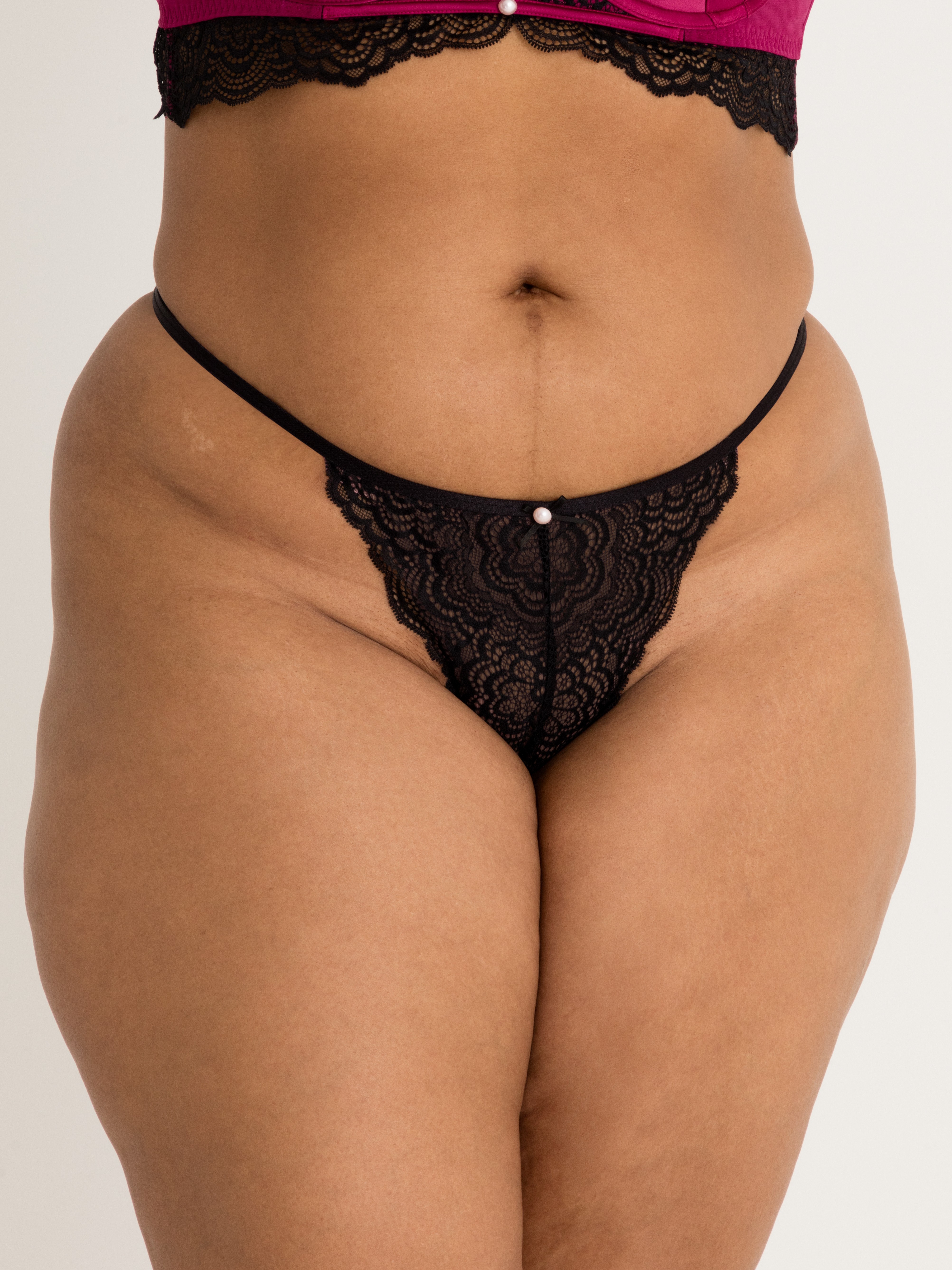 Lovehoney Satin Romance Black Lace Pearl Thong, Black, hi-res