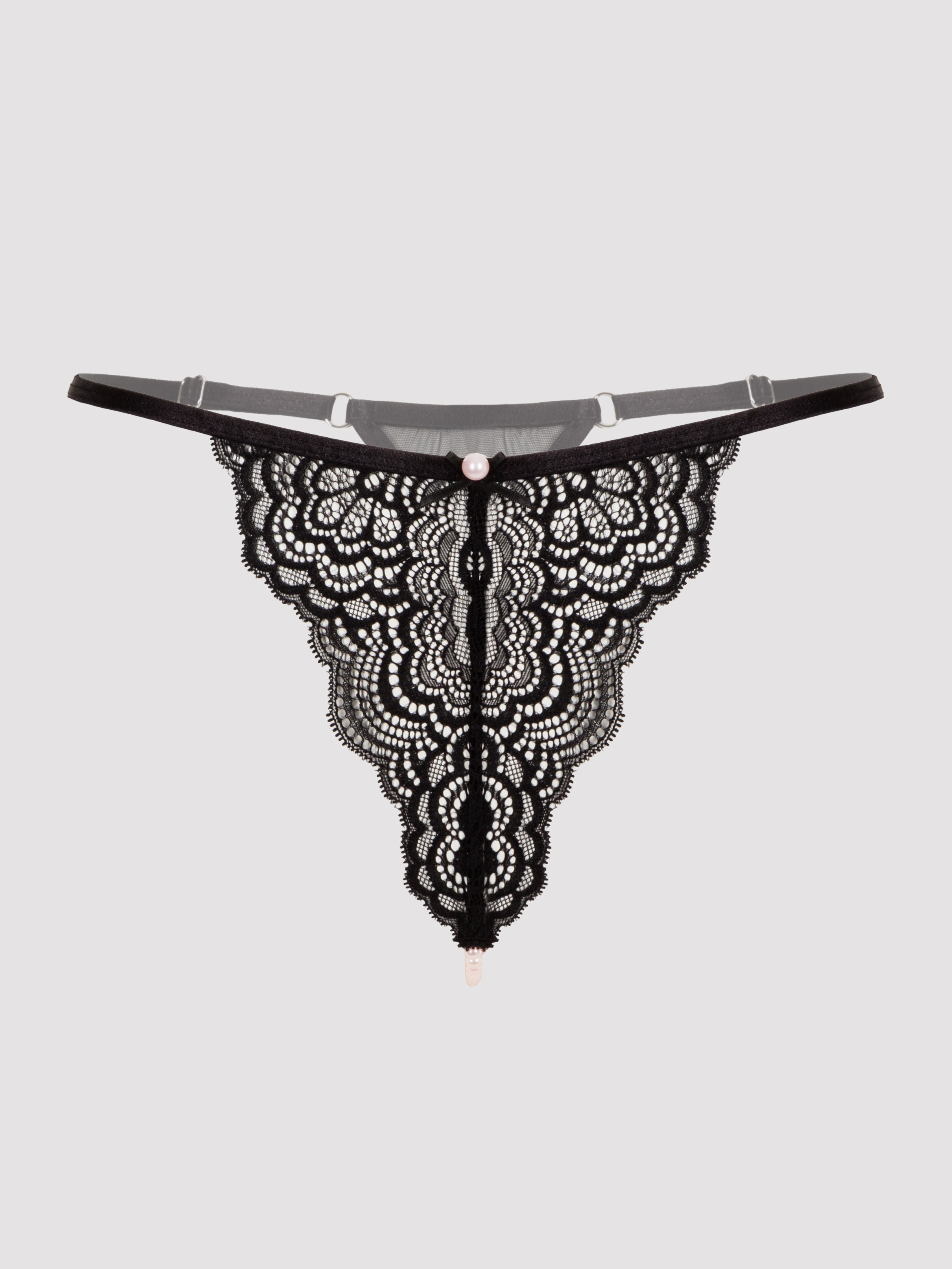 Lovehoney Satin Romance Black Lace Pearl Thong, Black, vanilla