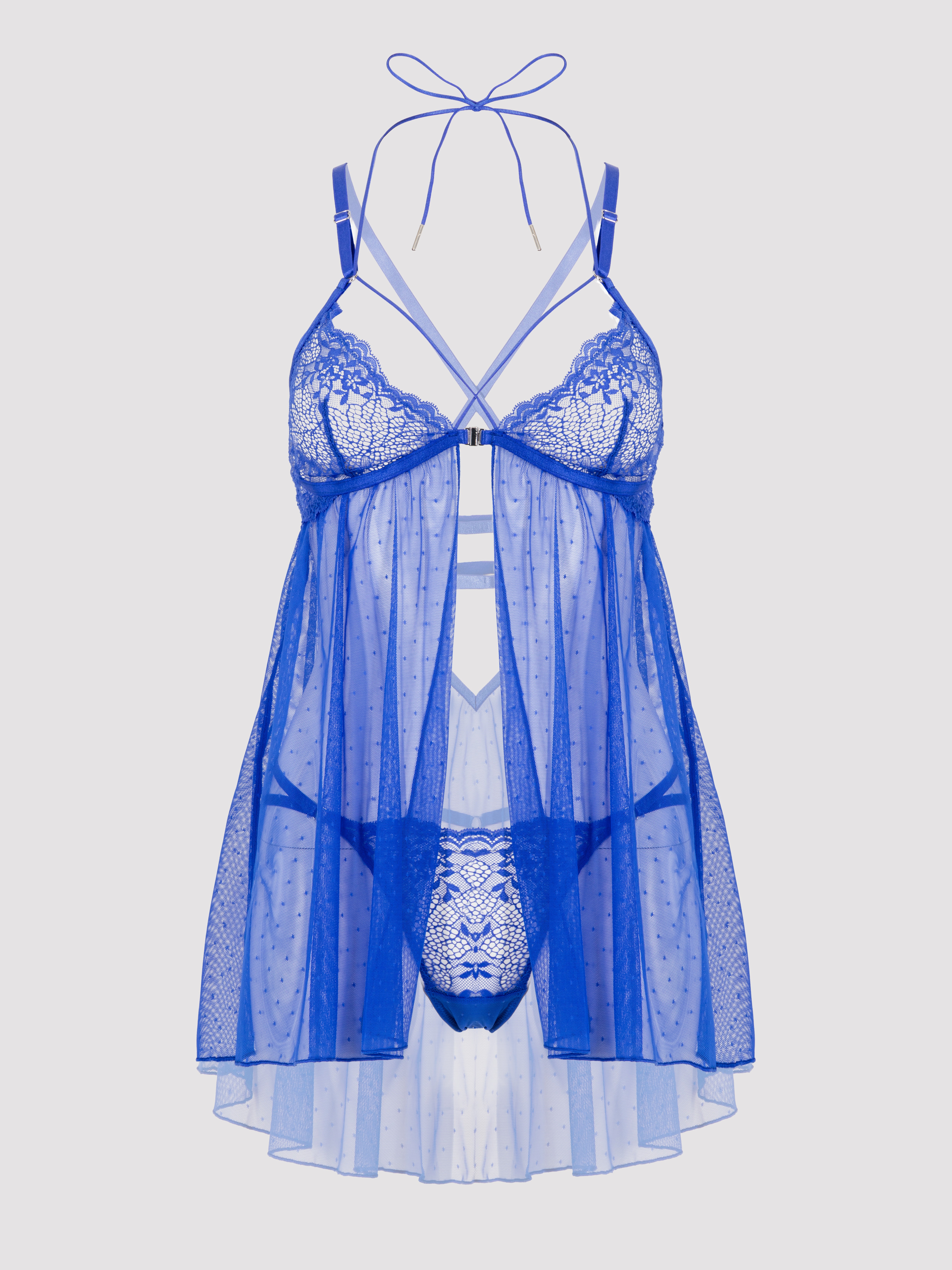 Lovehoney Midnight Dream Blue Front-Fastening Babydoll Set, Blue, hi-res