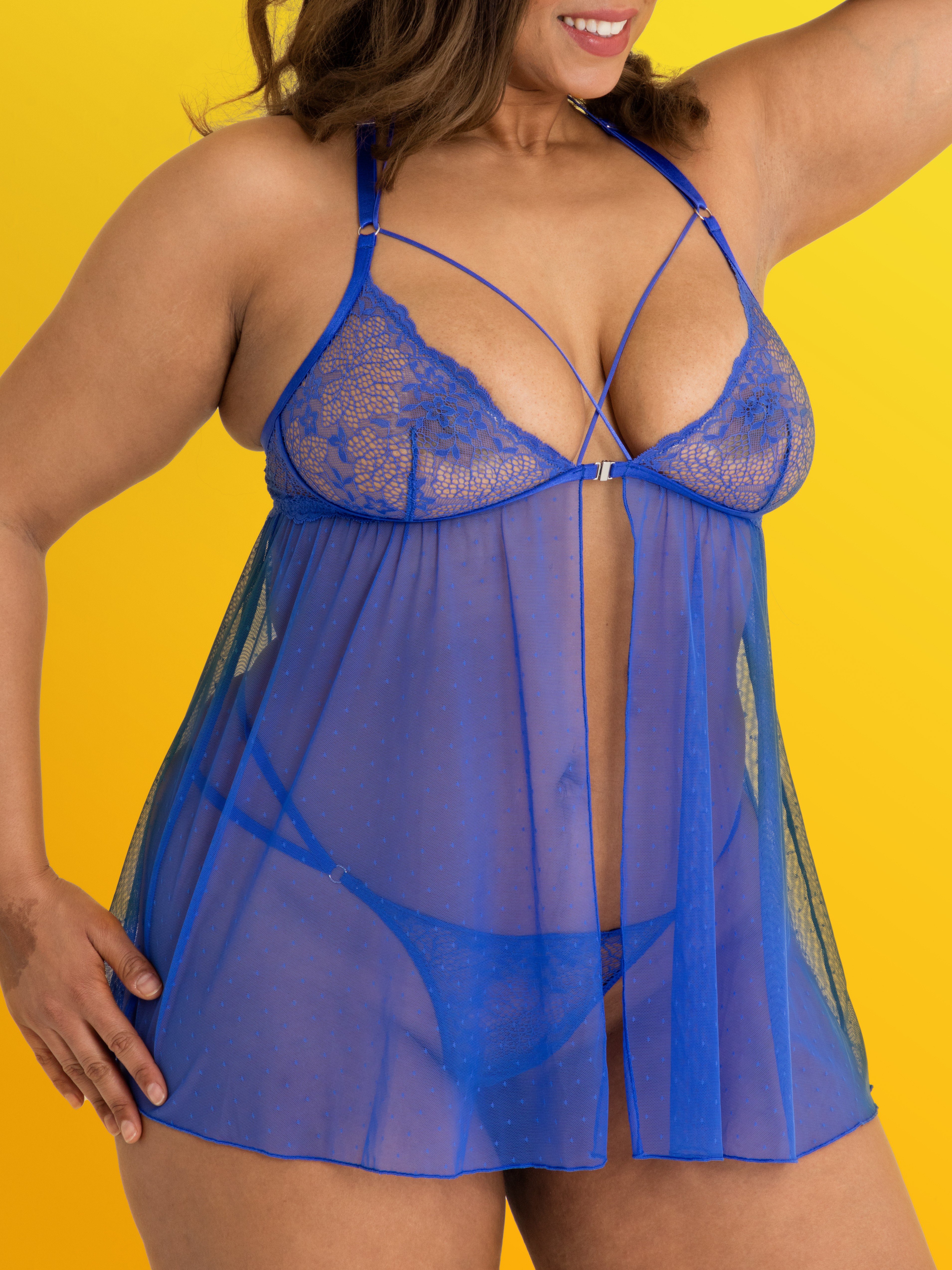 Lovehoney Midnight Dream Blue Front-Fastening Babydoll Set, Blue, hi-res