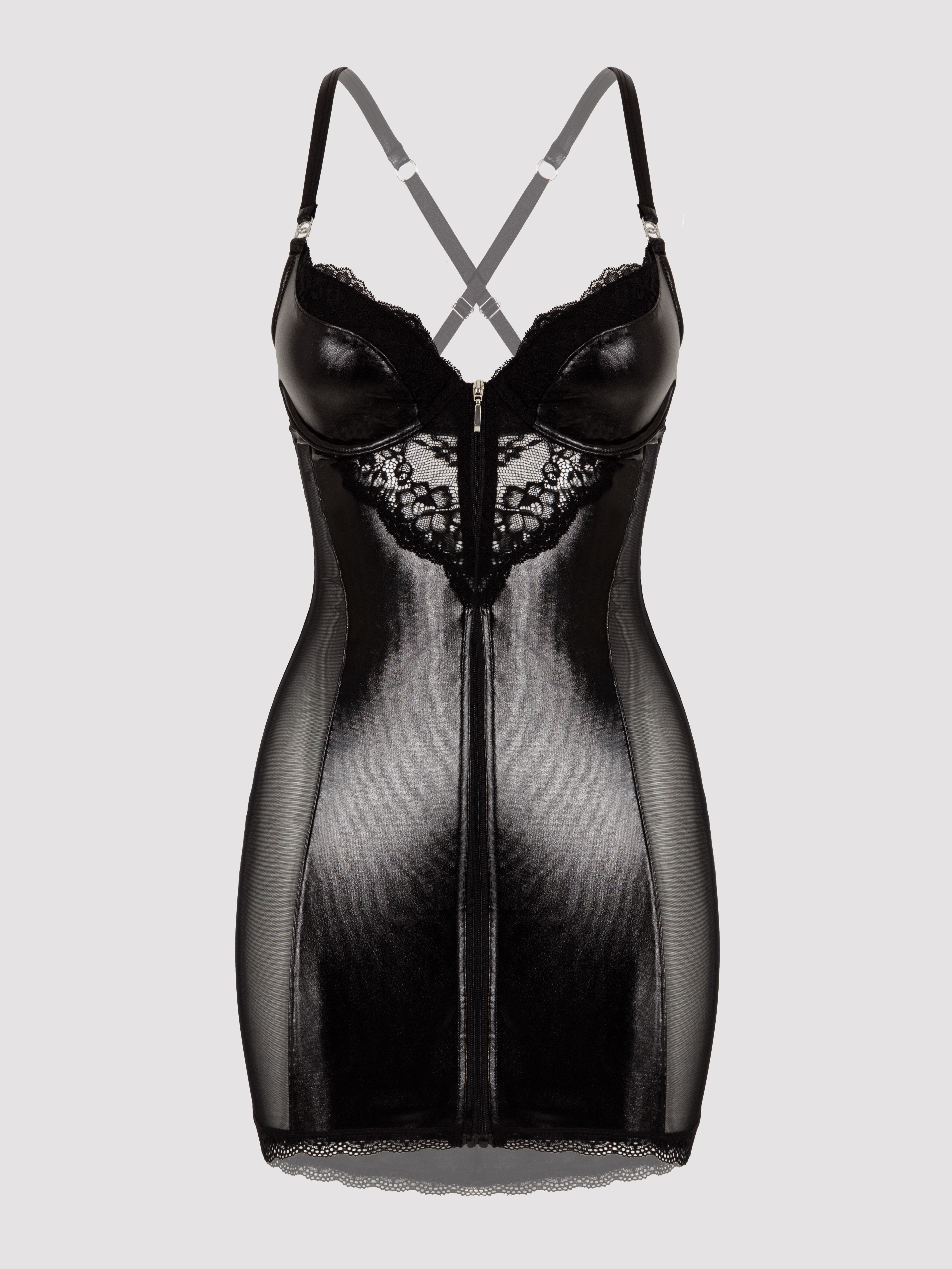 Lovehoney Fierce Wet Look and Lace Zip-Up Dress, Black, hi-res