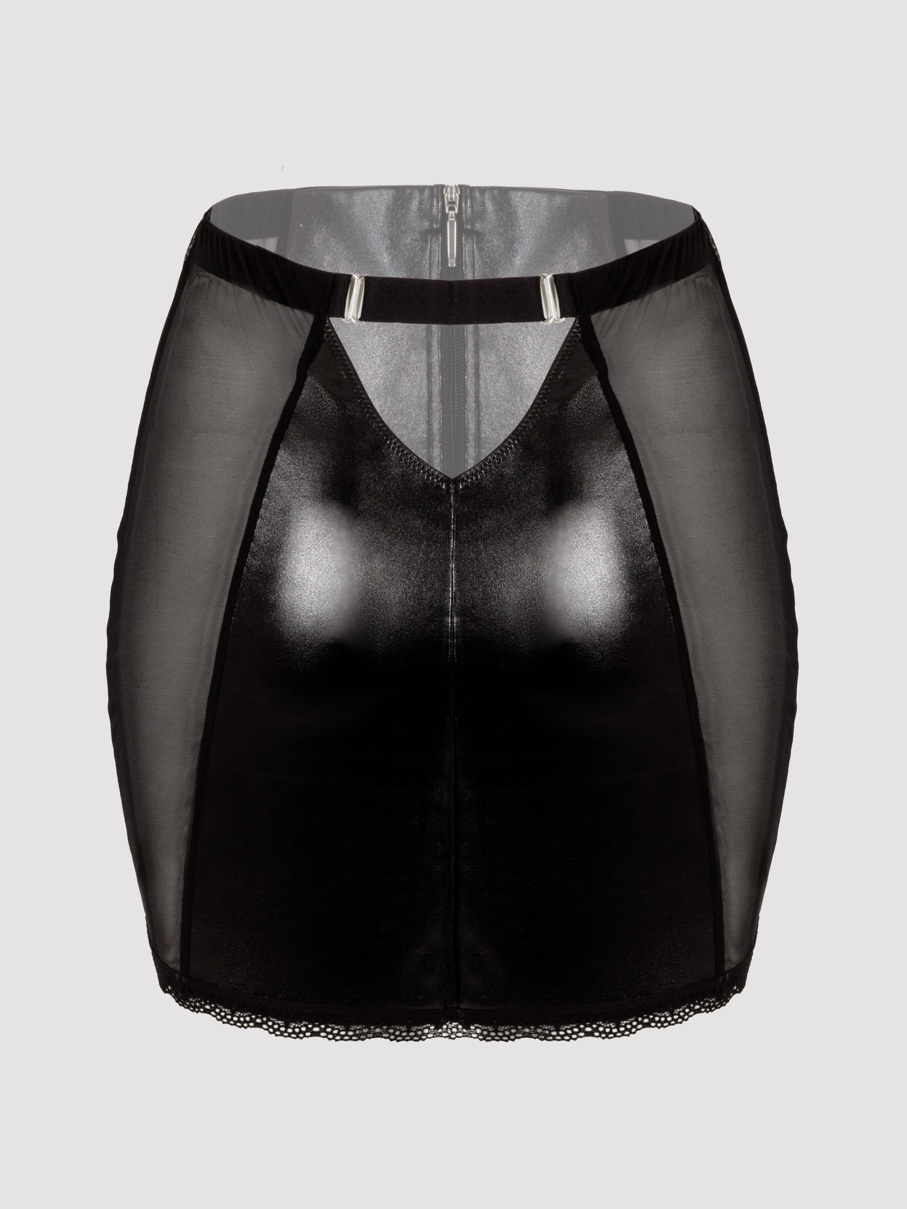 Lovehoney Fierce Wet Look and Lace Zip-Up Skirt, Black, vanilla