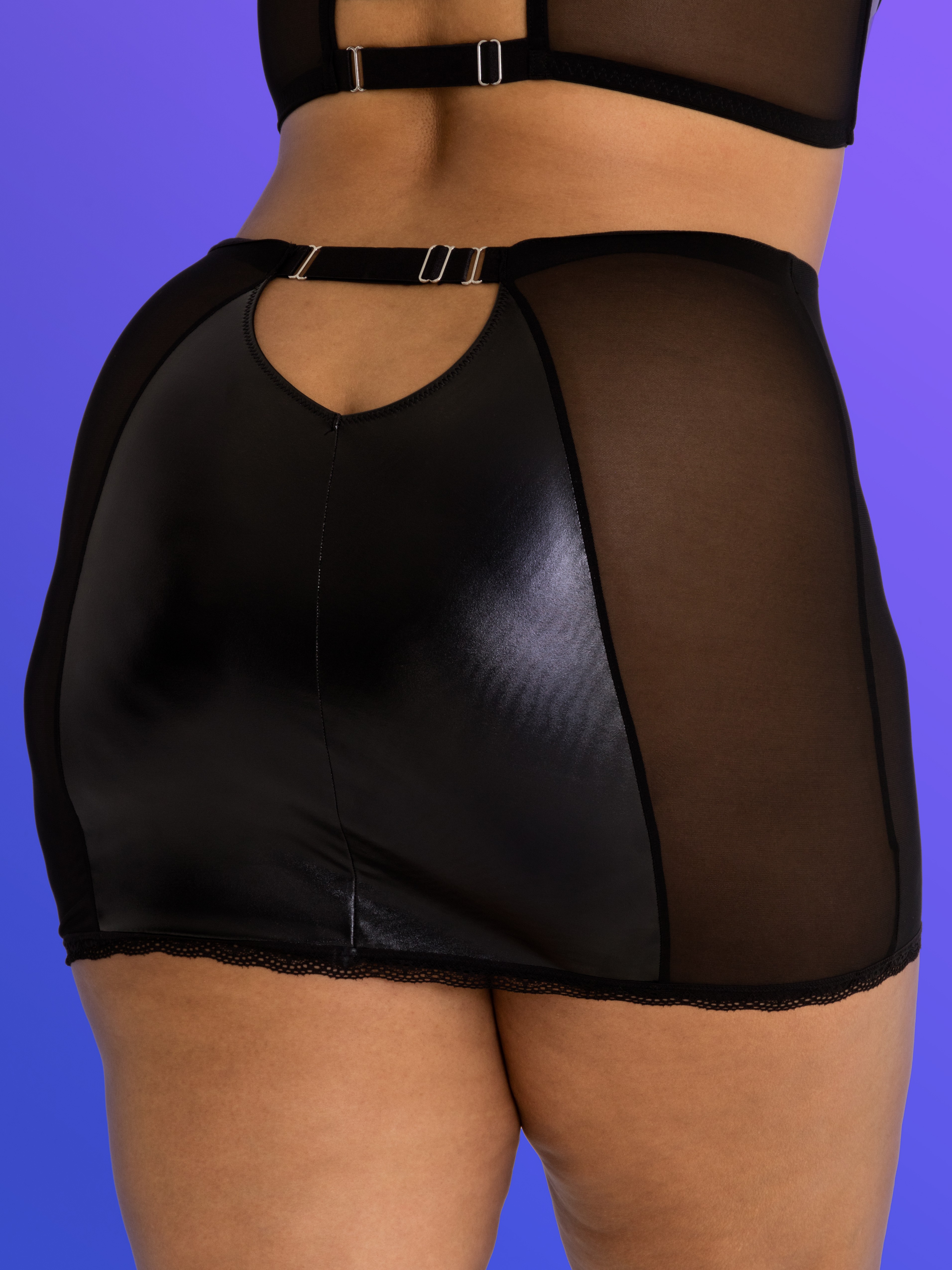 Lovehoney Fierce Wet Look and Lace Zip-Up Skirt, Black, vanilla