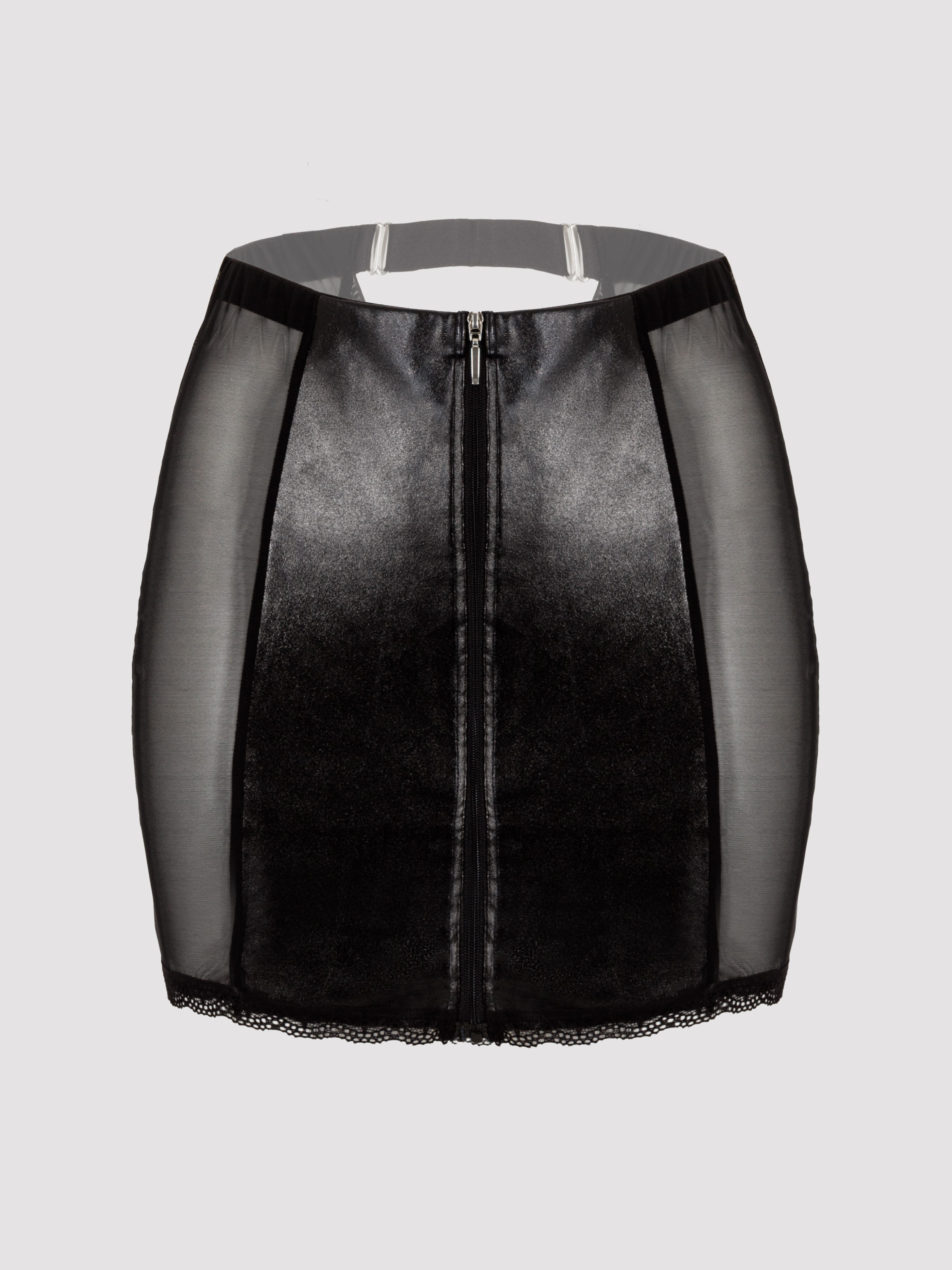 Lovehoney Fierce Wet Look and Lace Zip-Up Skirt, Black, vanilla