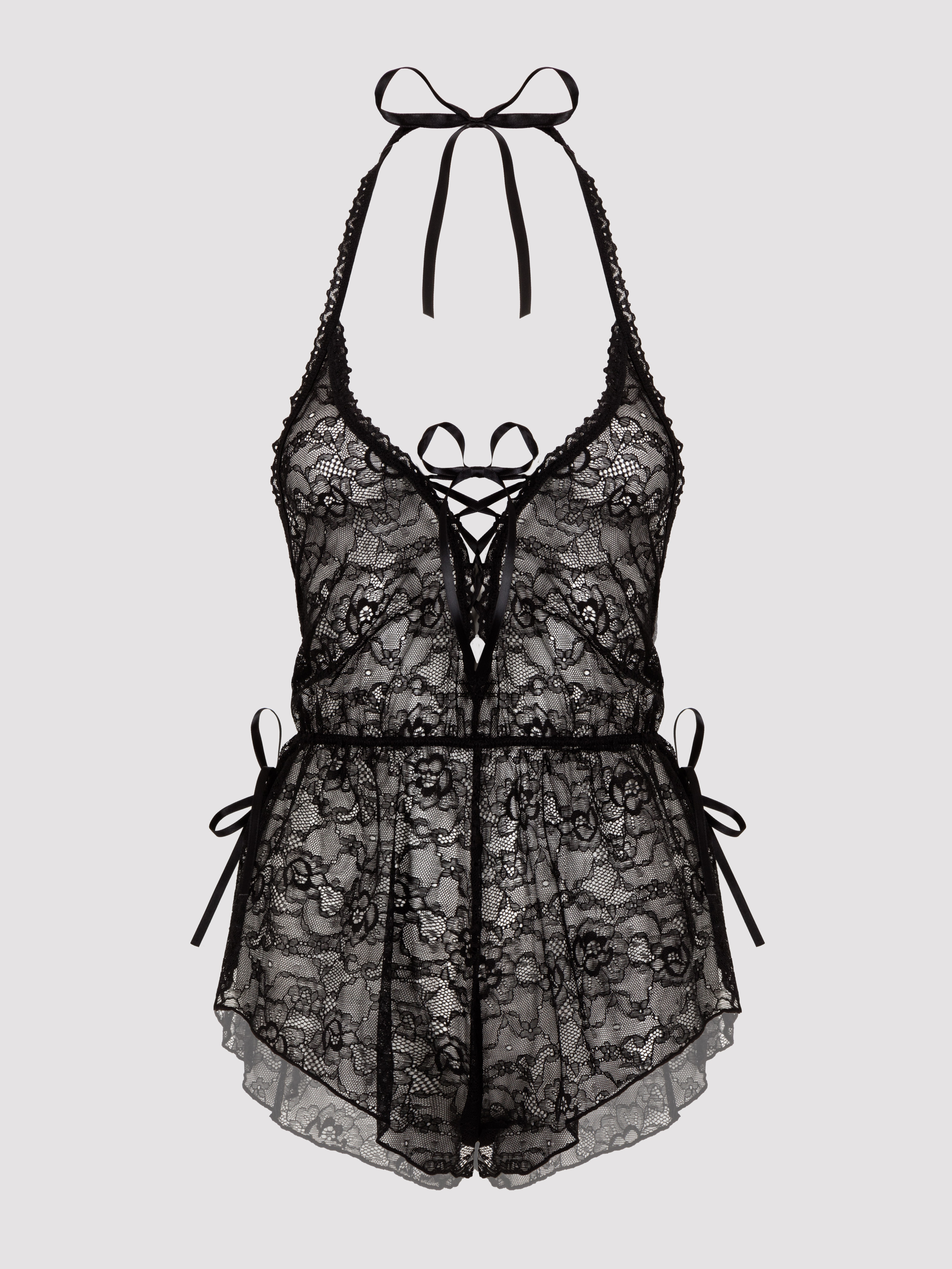 Lovehoney Flirty Lace Teddy, Black, vanilla