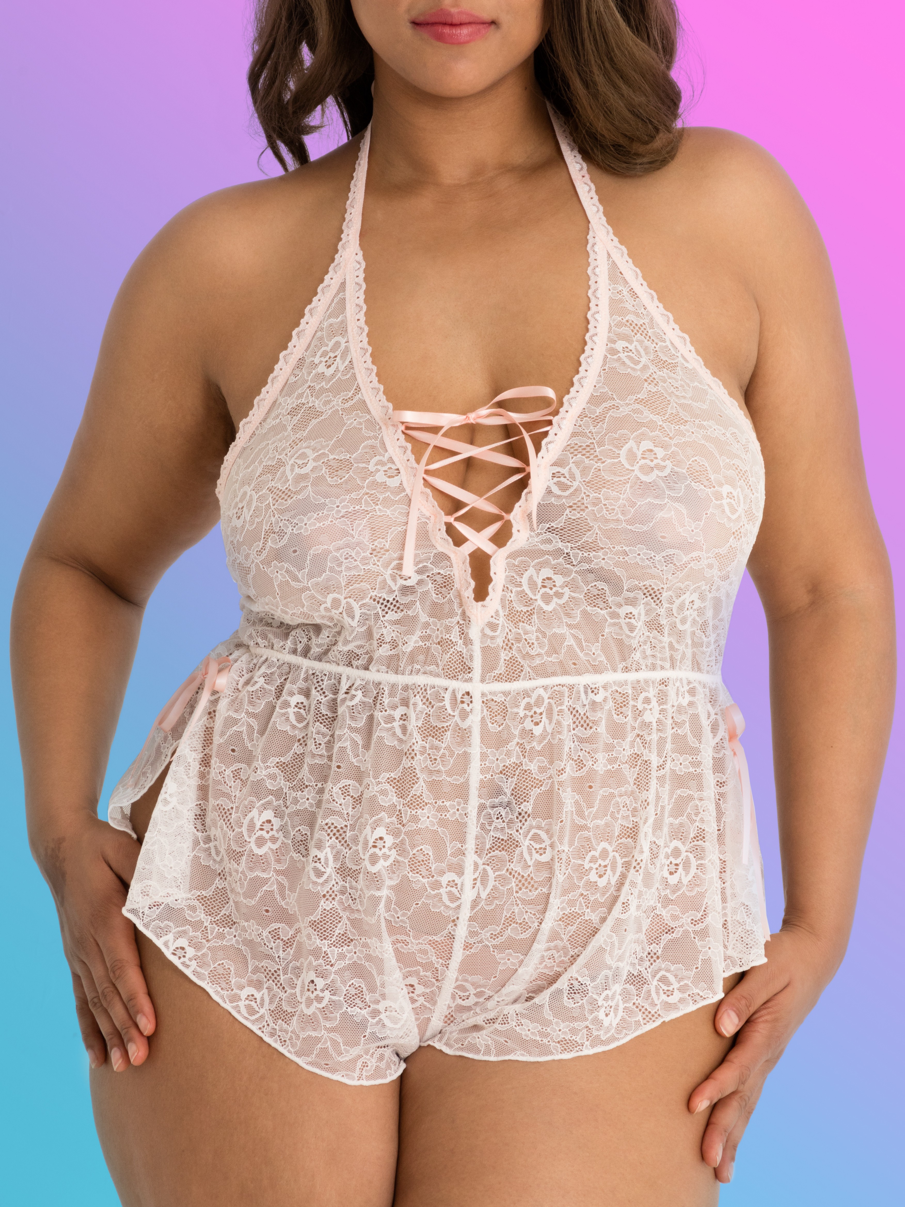 Lovehoney Flirty Lace Teddy, Ivory, hi-res