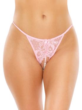 Fantasy Lingerie Bottoms Up Pink Lace Crotchless Pearl Thong