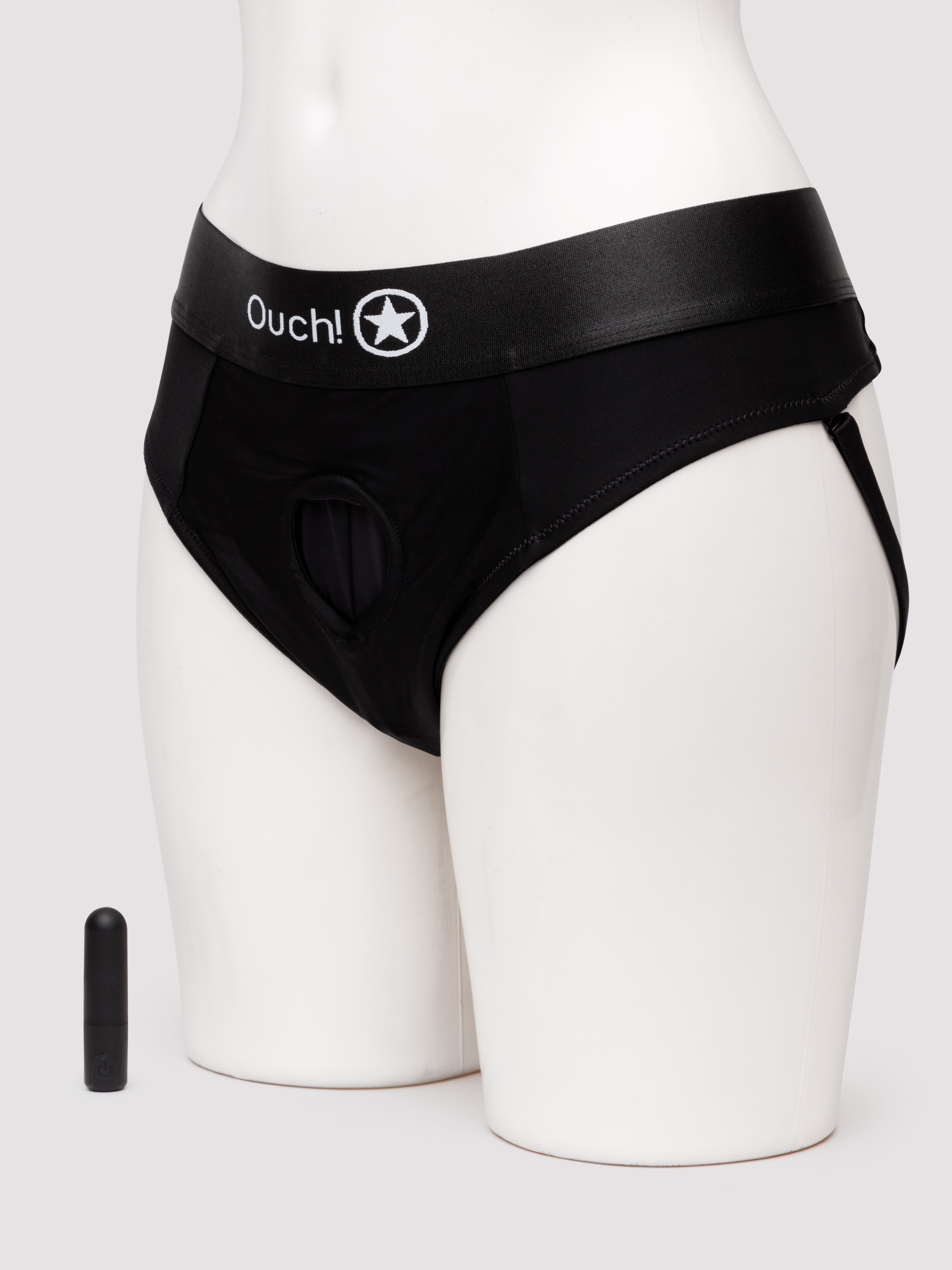 Ouch! Vibrating Strap-On Thong with Removable Rear Straps, Black, hi-res