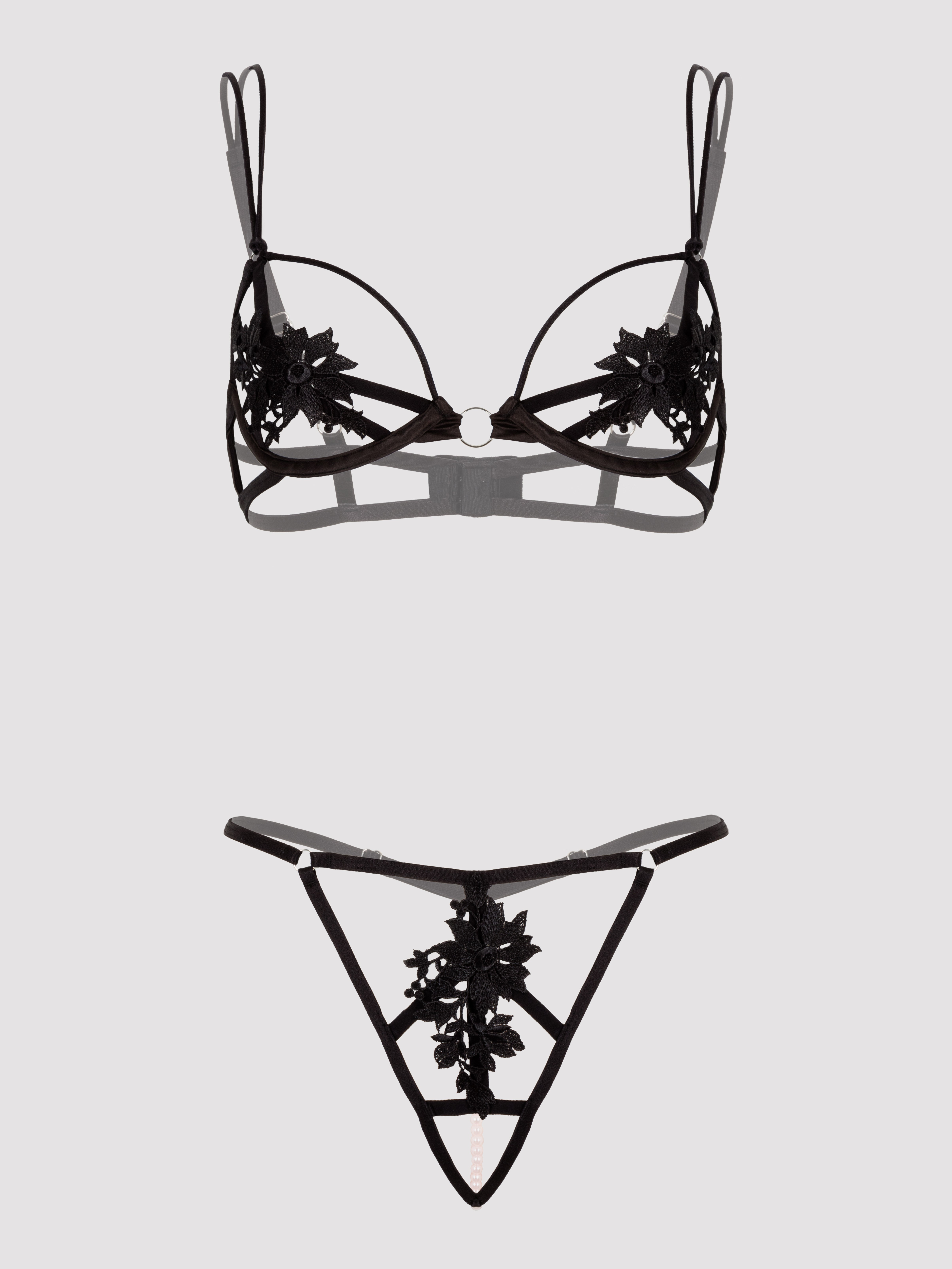 Lovehoney Divine Romance Black Bra & Pearl G-string Set, Black, hi-res