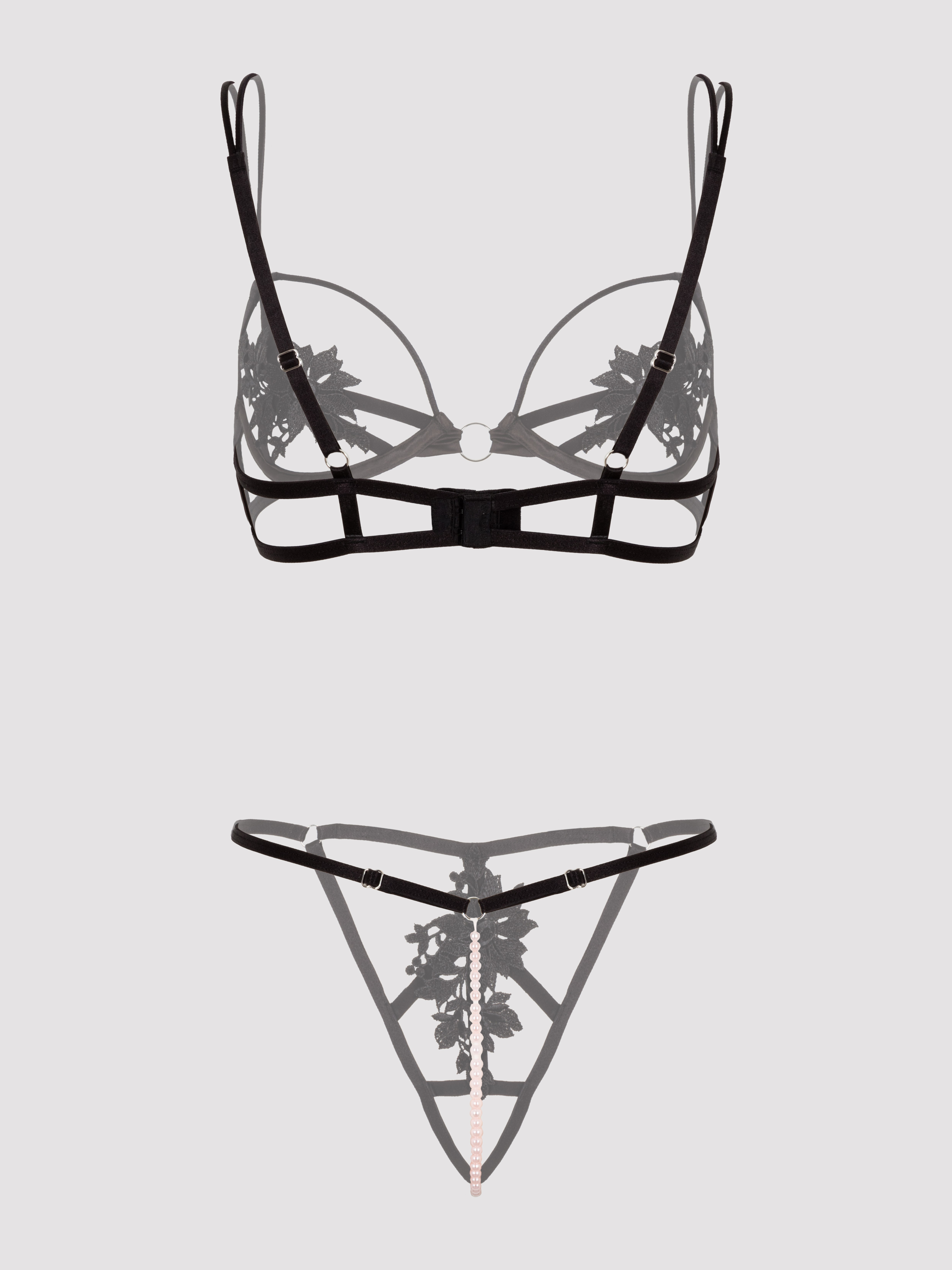 Lovehoney Divine Romance Black Bra & Pearl G-string Set, Black, vanilla