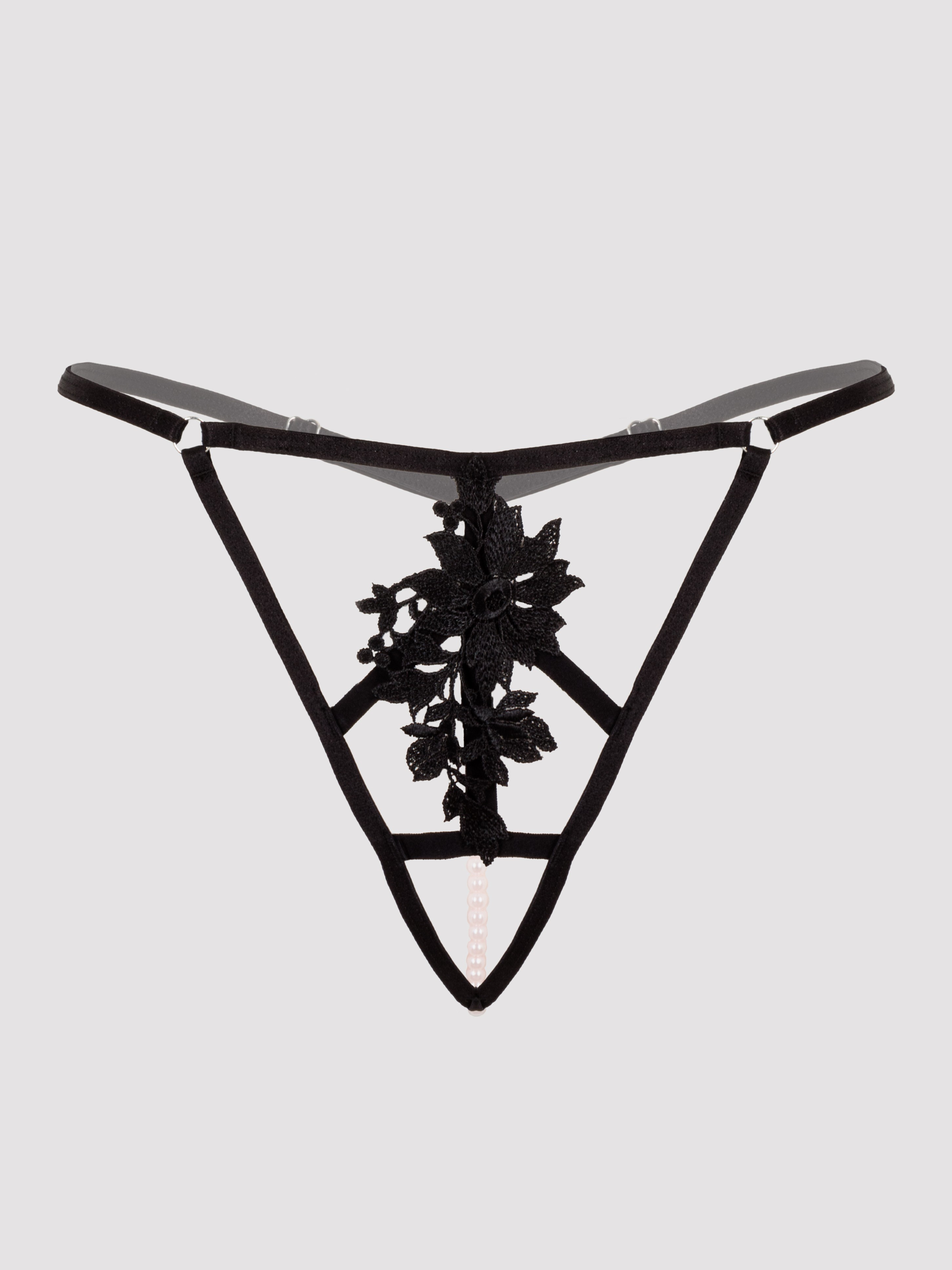 Lovehoney Divine Romance Black Chemise & Pearl G-string Set, Black, vanilla