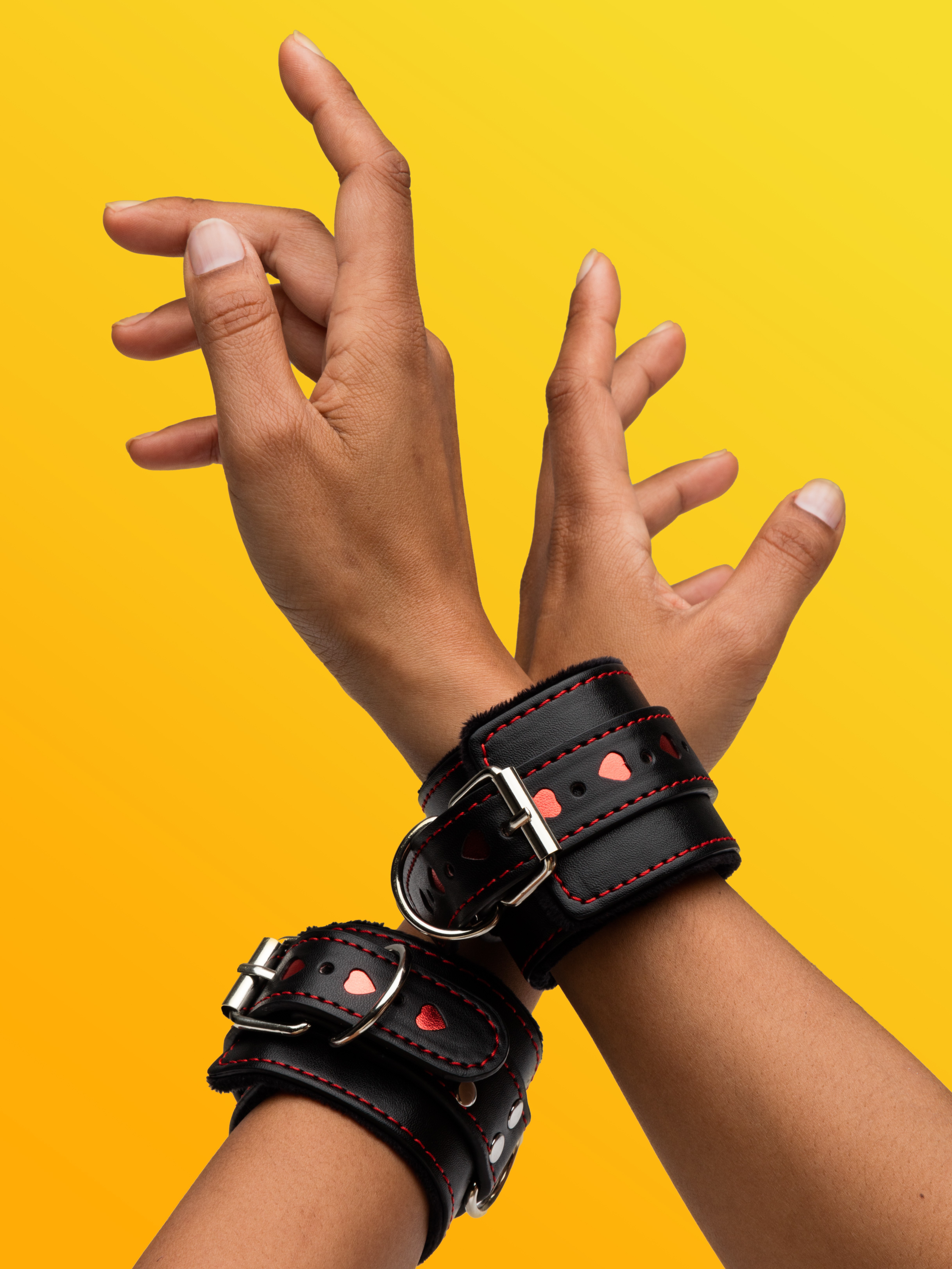 Bondage Boutique Heart Collar to Wrist Restraints, Black, hi-res