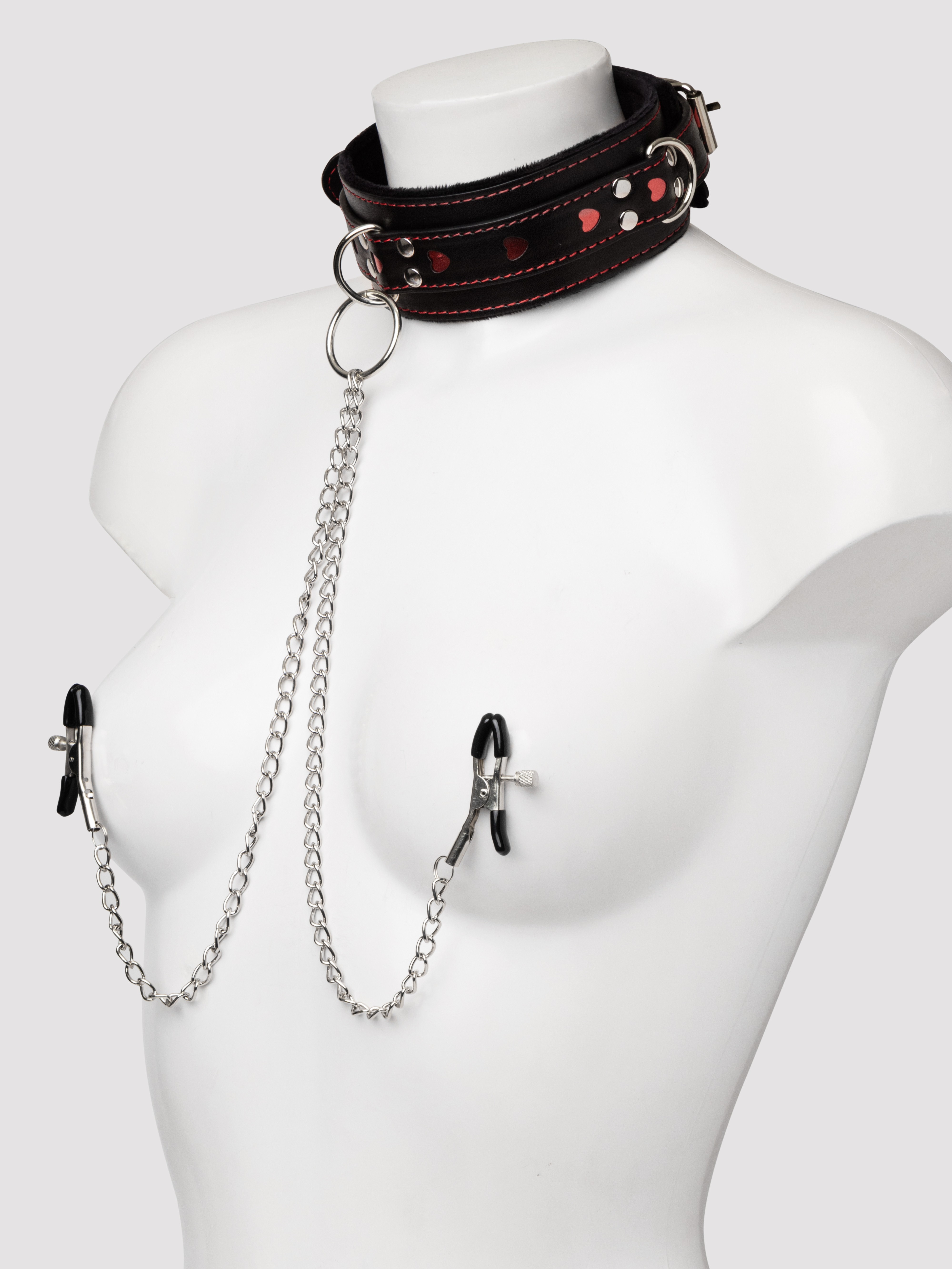 Bondage Boutique Heart Collar with Nipple Clamps and Chain, Black, hi-res