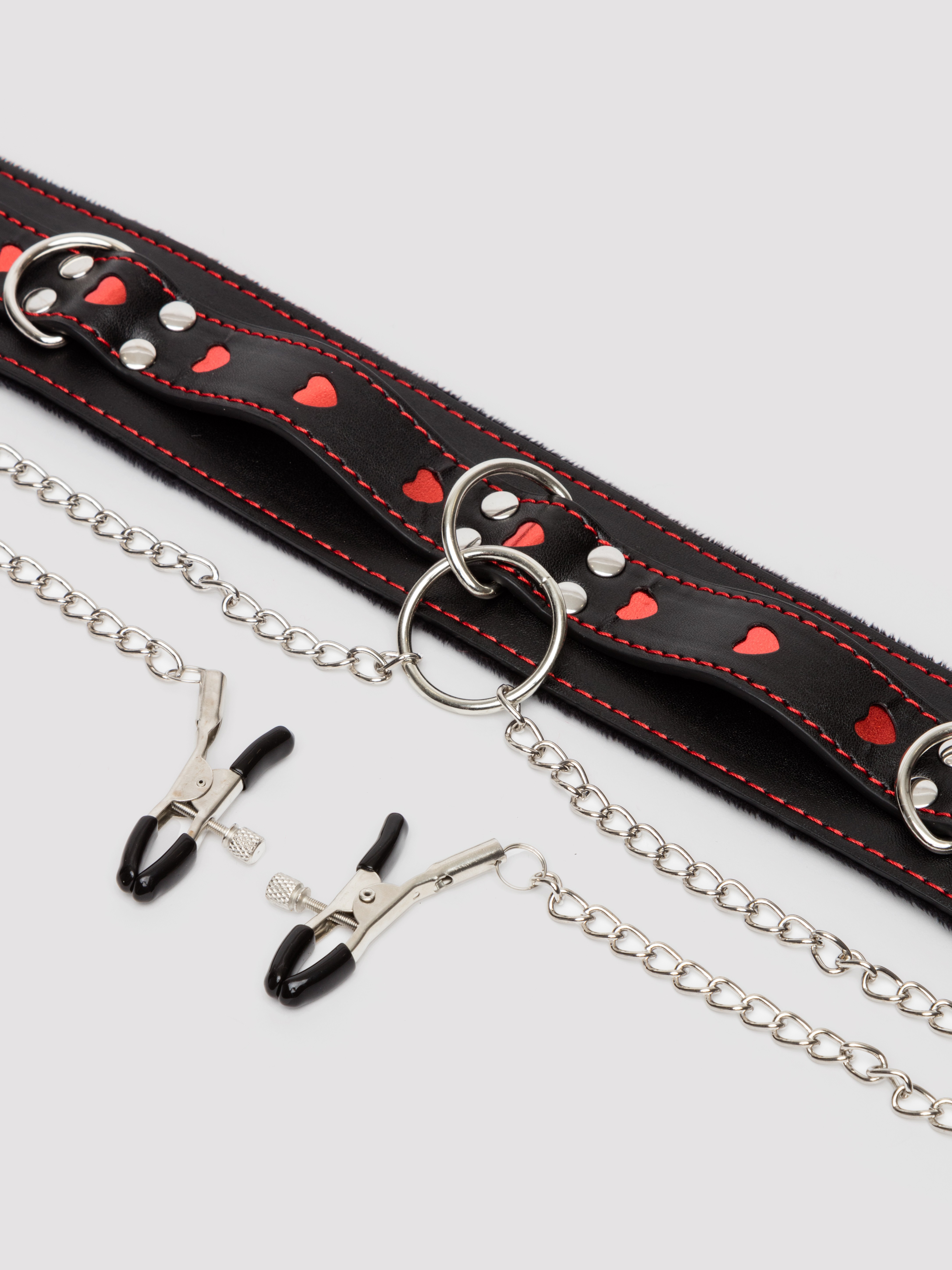 Bondage Boutique Heart Collar with Nipple Clamps and Chain, Black, hi-res