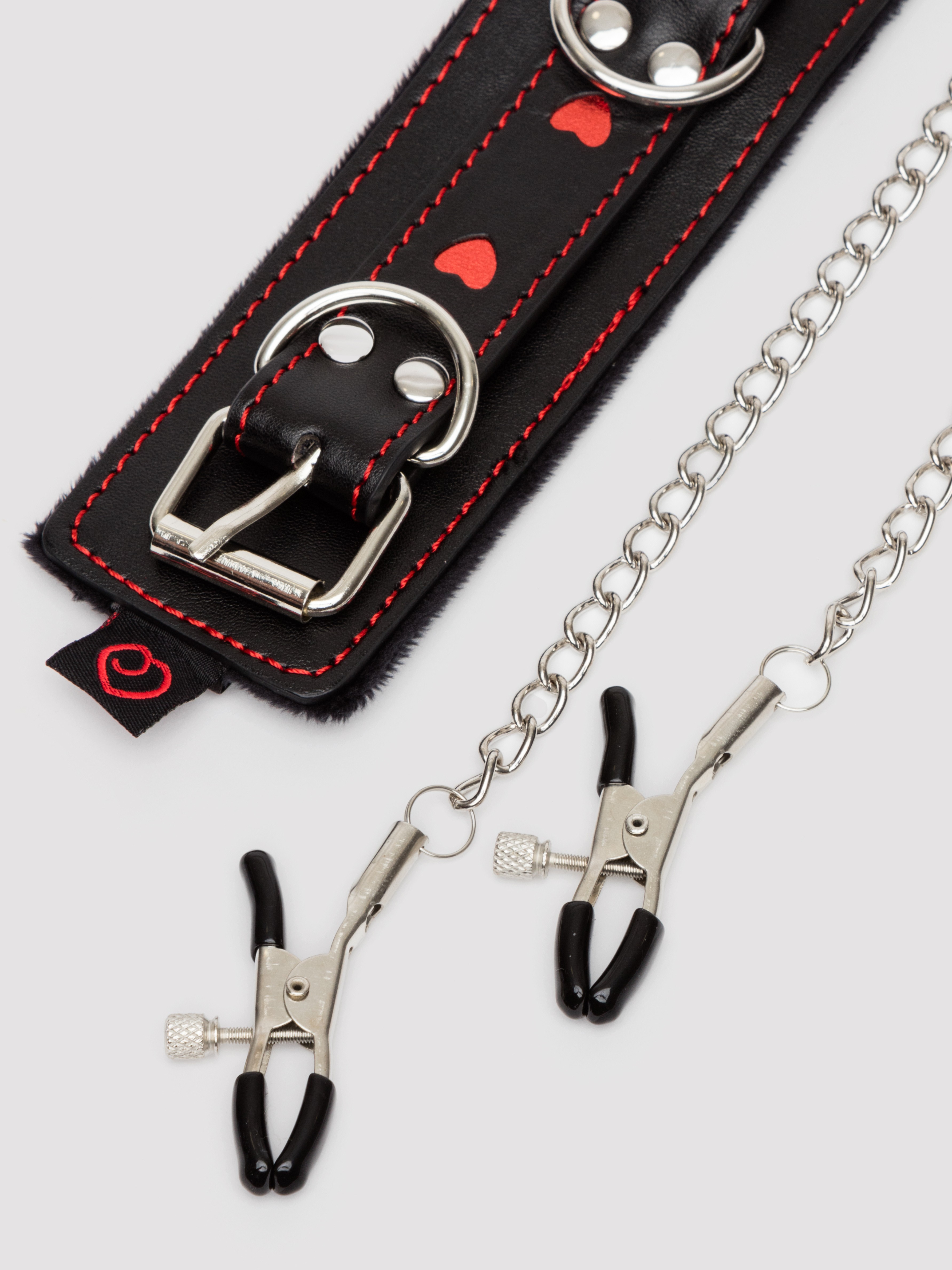 Bondage Boutique Heart Collar with Nipple Clamps and Chain, Black, hi-res