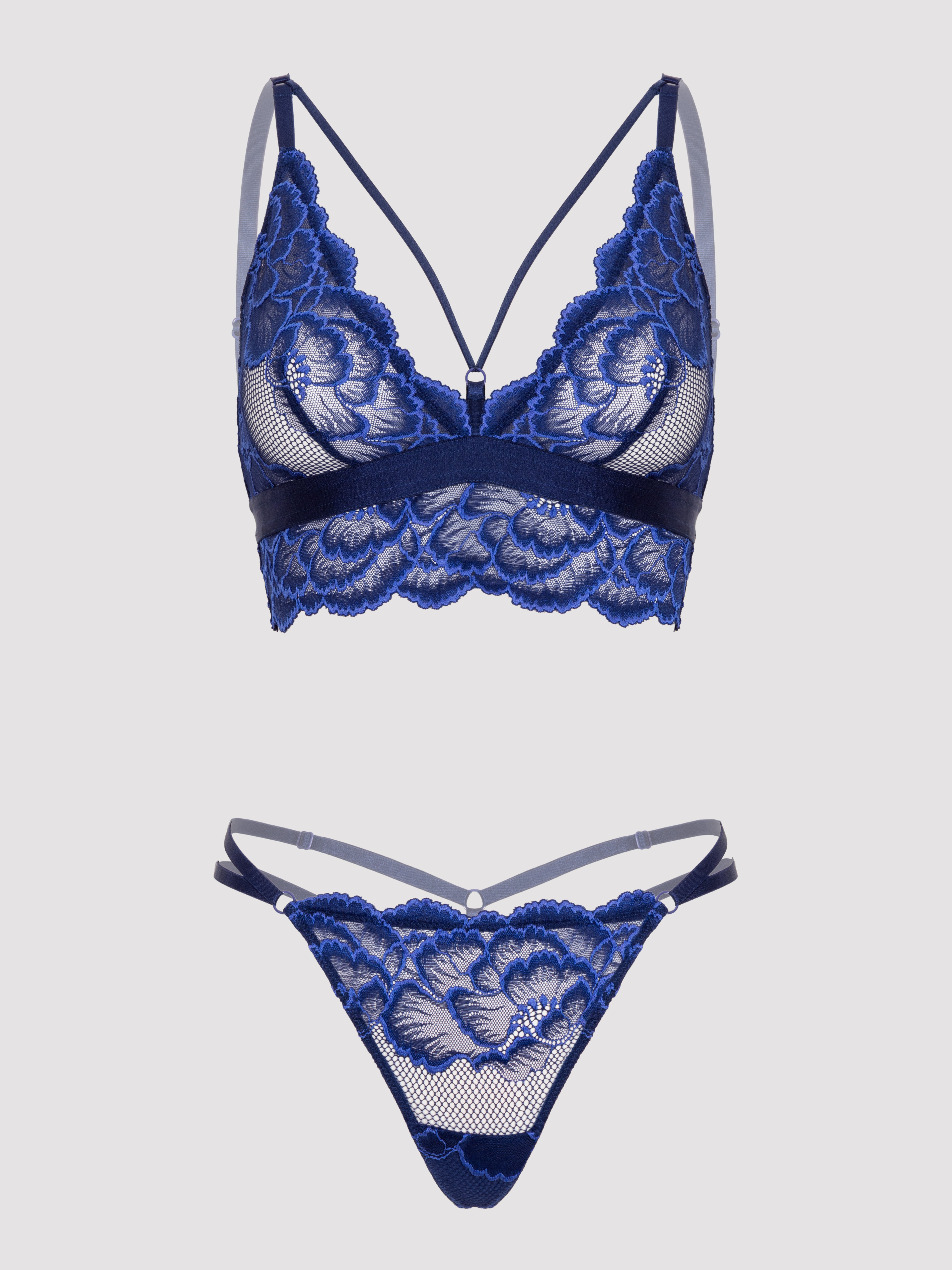 Lovehoney Lustful Liaison Navy Floral Lace Bra Set, Navy, hi-res