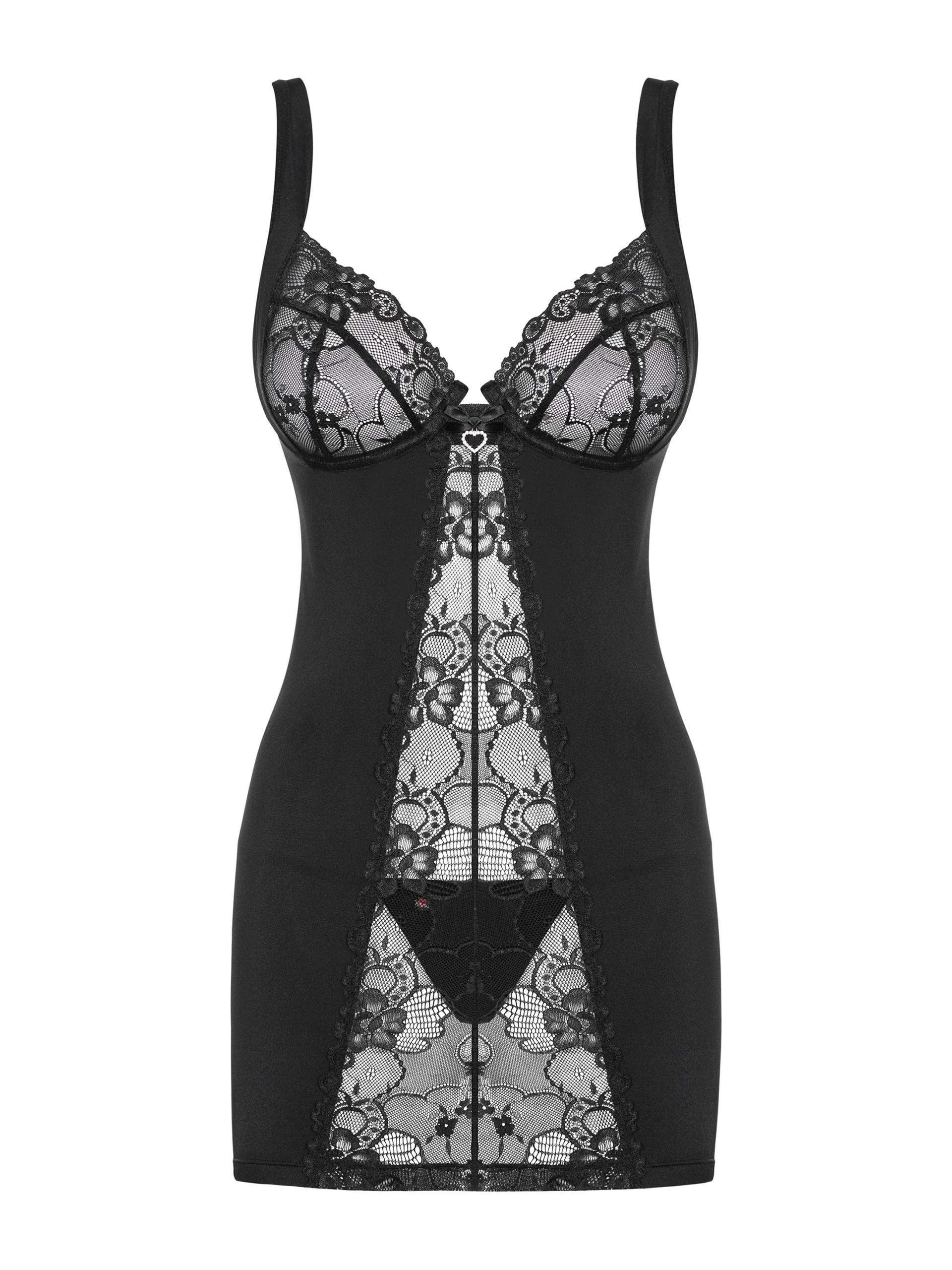 Obsessive Heartina Black Lace Underwired Chemise Set, Black, hi-res