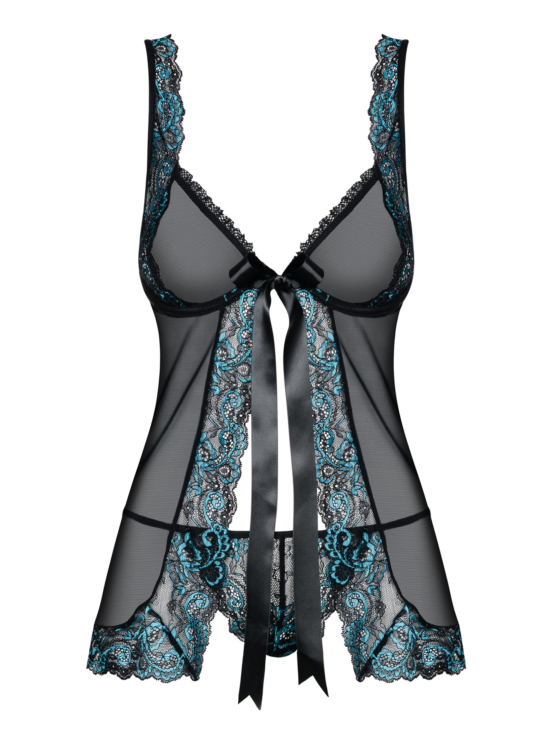 Obsessive Amanta Black Sheer Mesh and Lace Underwire Babydoll Set, Black, vanilla