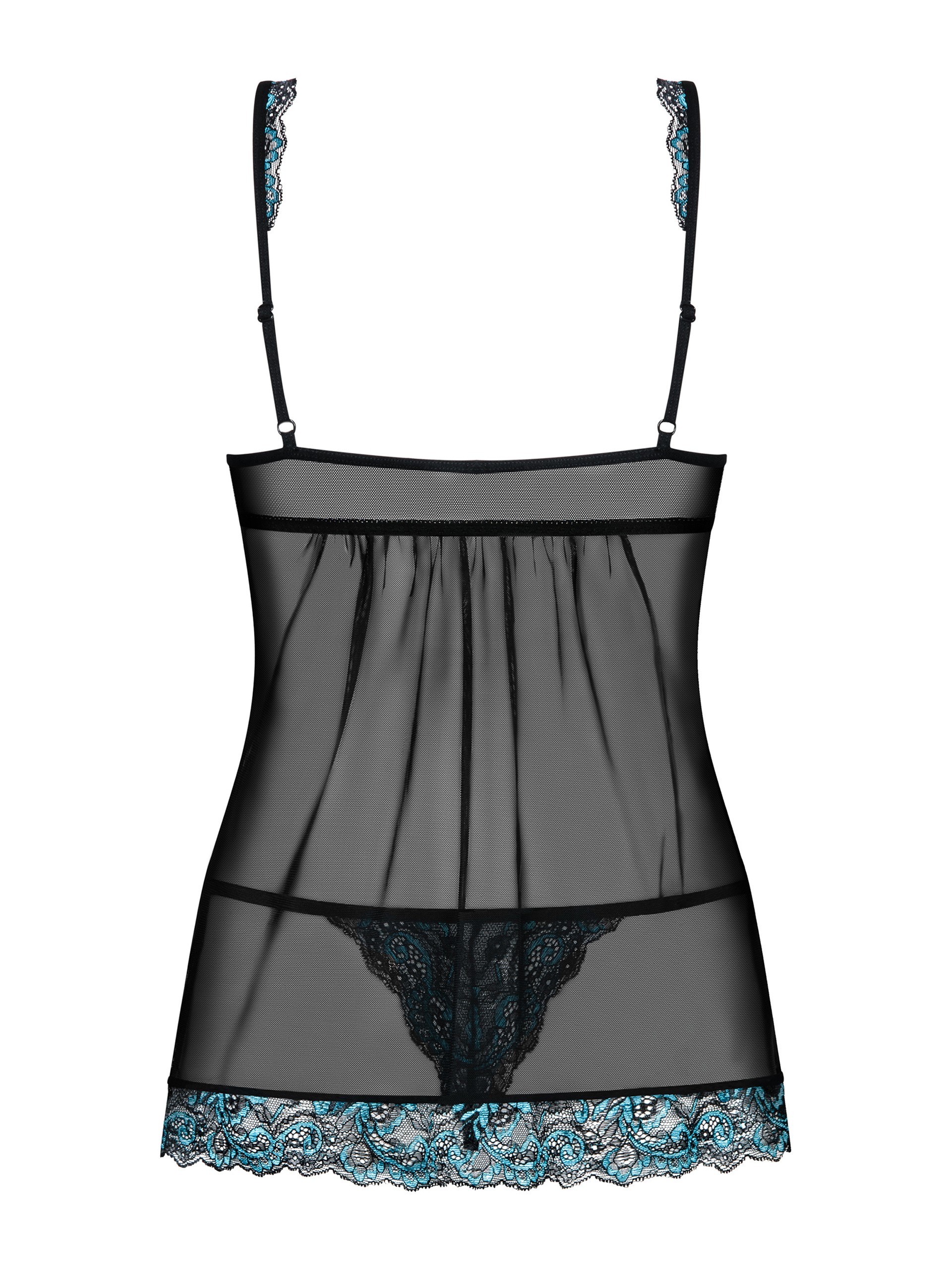 Obsessive Amanta Black Sheer Mesh and Lace Underwire Babydoll Set, Black, vanilla