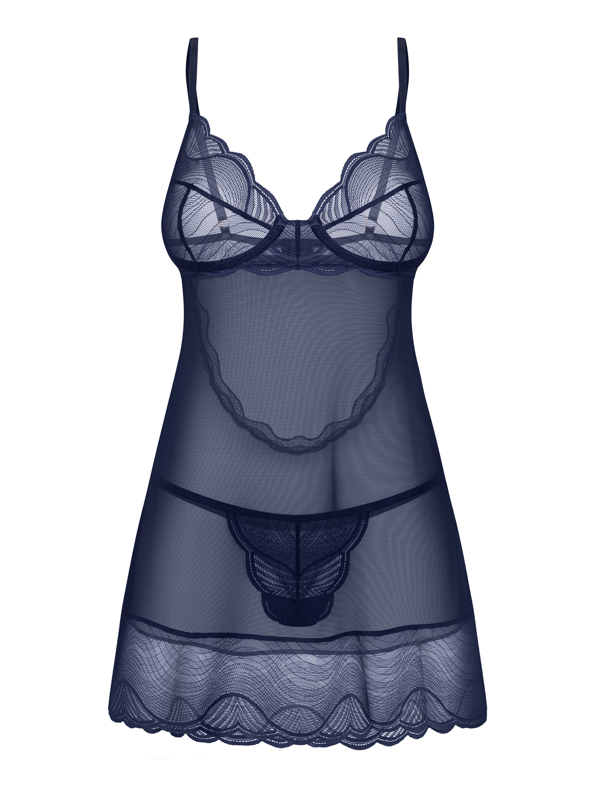 Obsessive Navy Sheer Lace Underwire Chemise Set, Navy, vanilla
