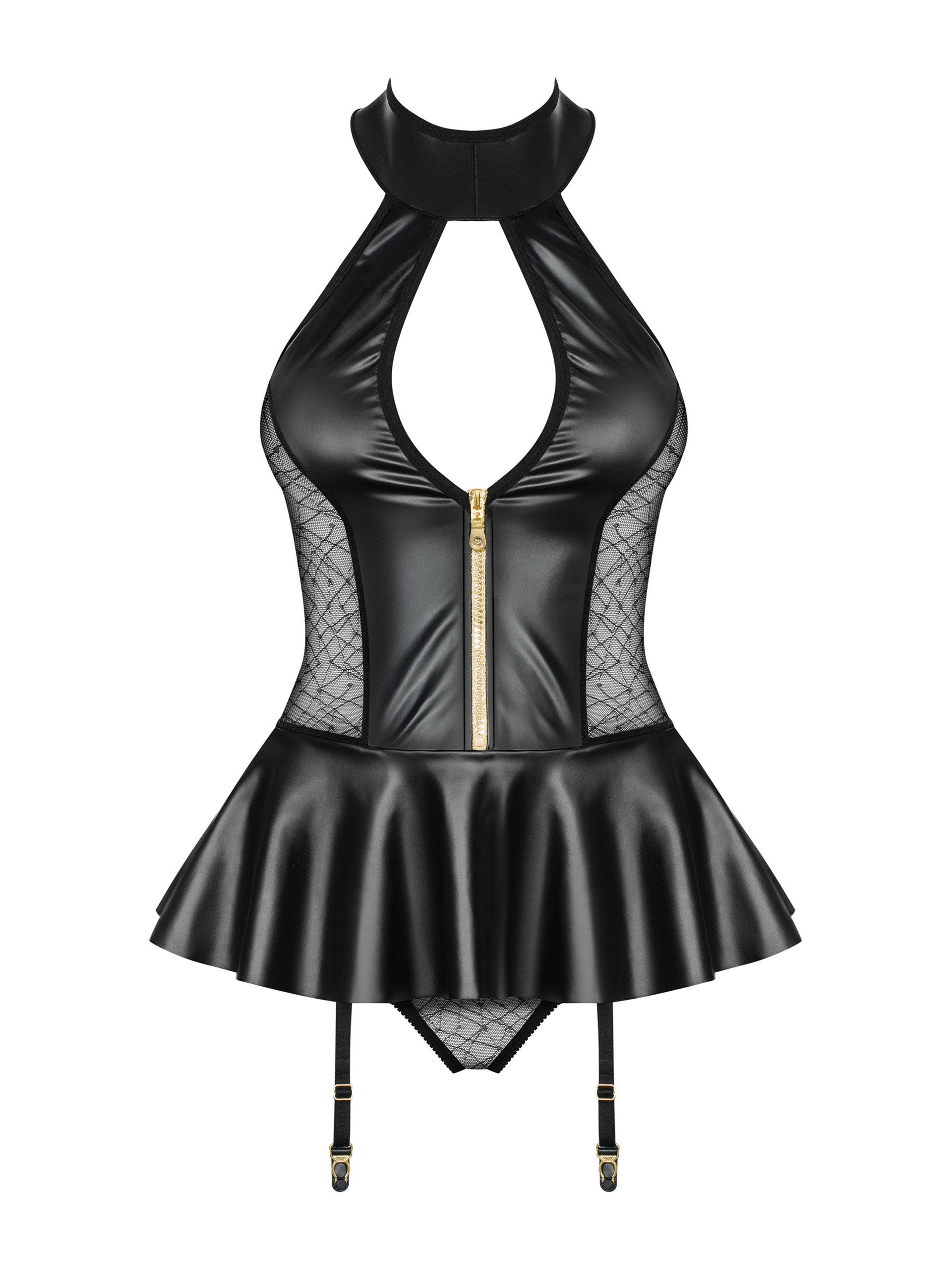 Obsessive Wet Look Corset Set, Black, hi-res