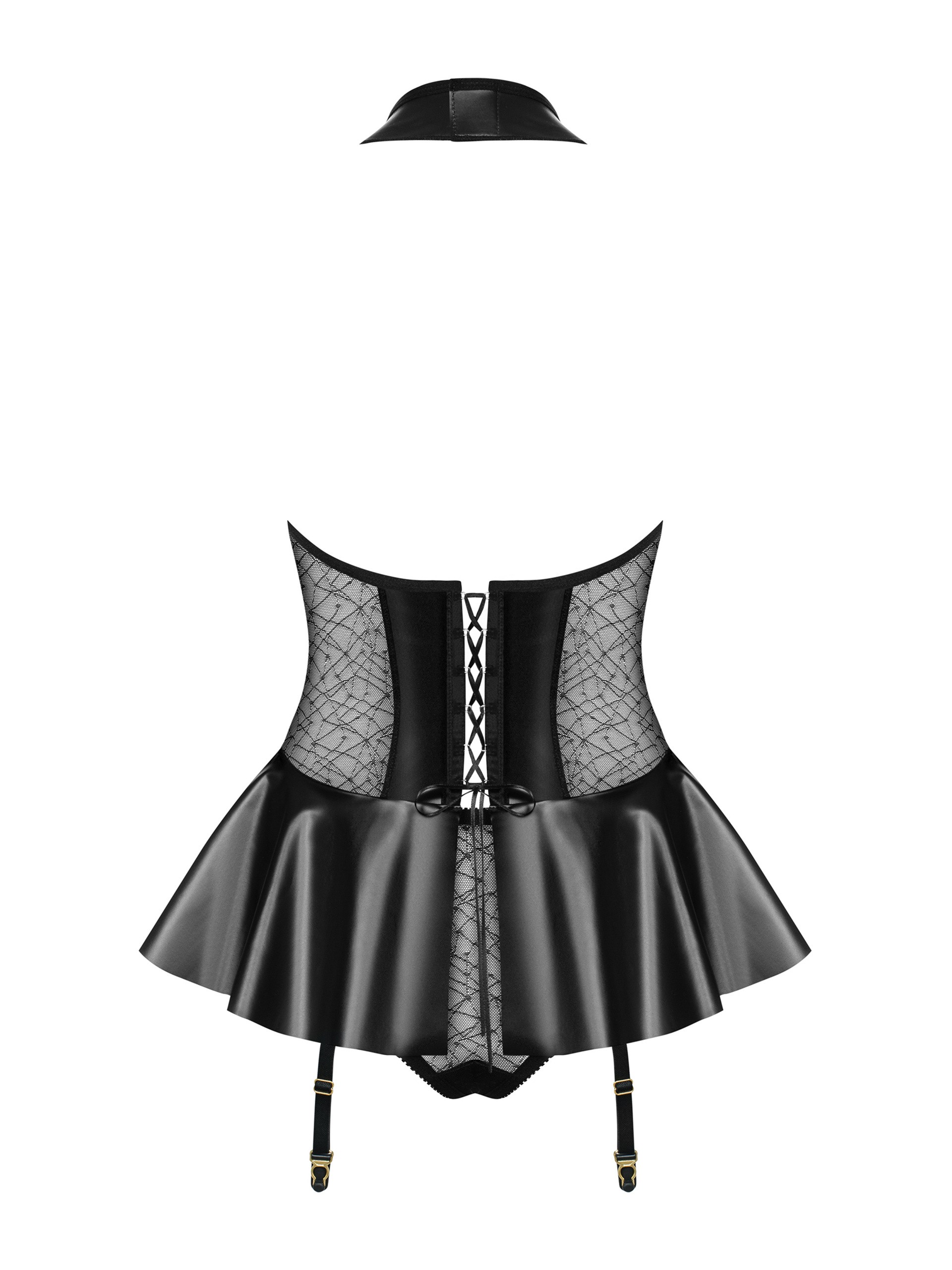 Obsessive Wet Look Corset Set, Black, hi-res