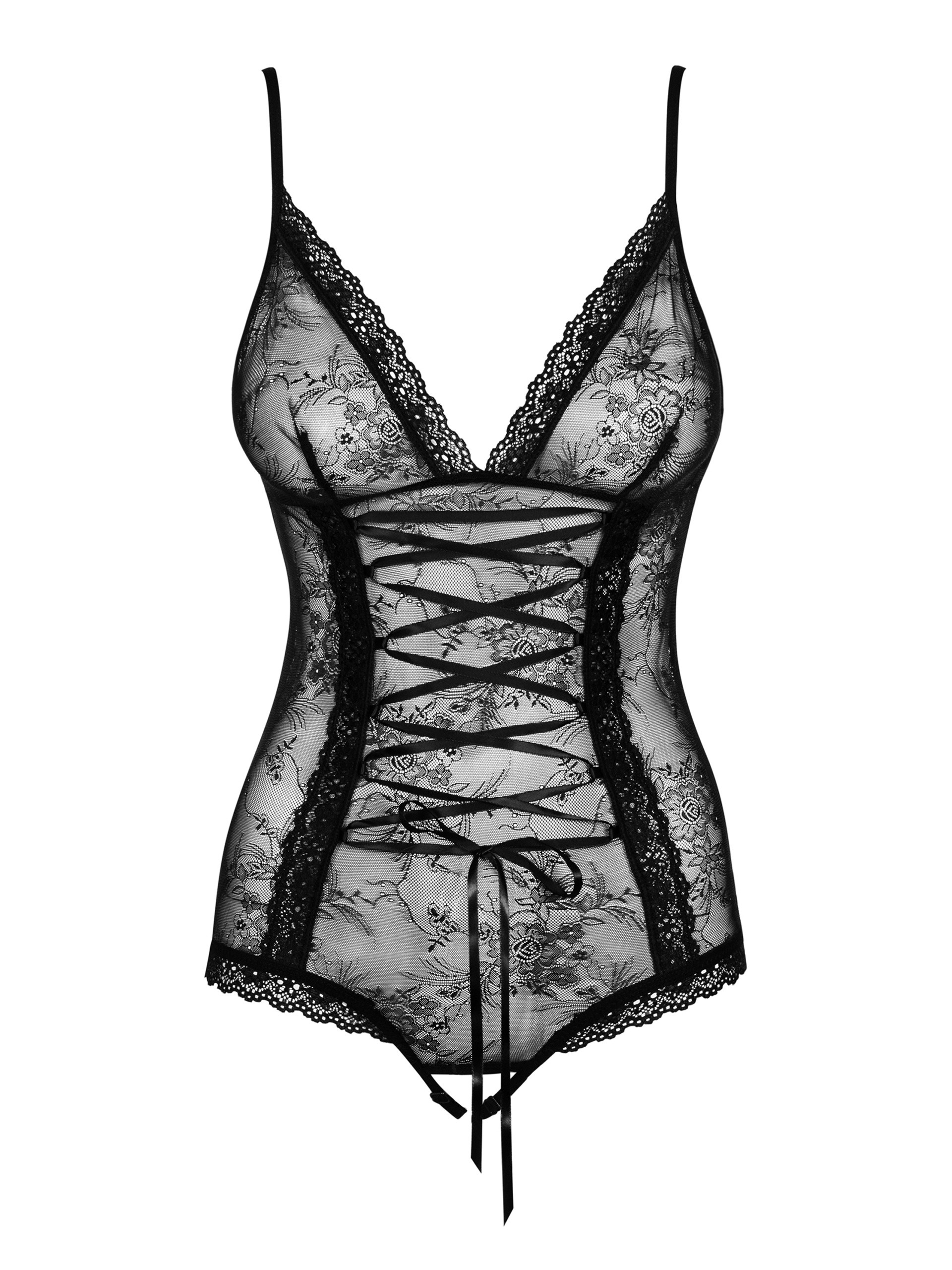 Obsessive Slevika Black Lace Crotchless Body, Black, hi-res