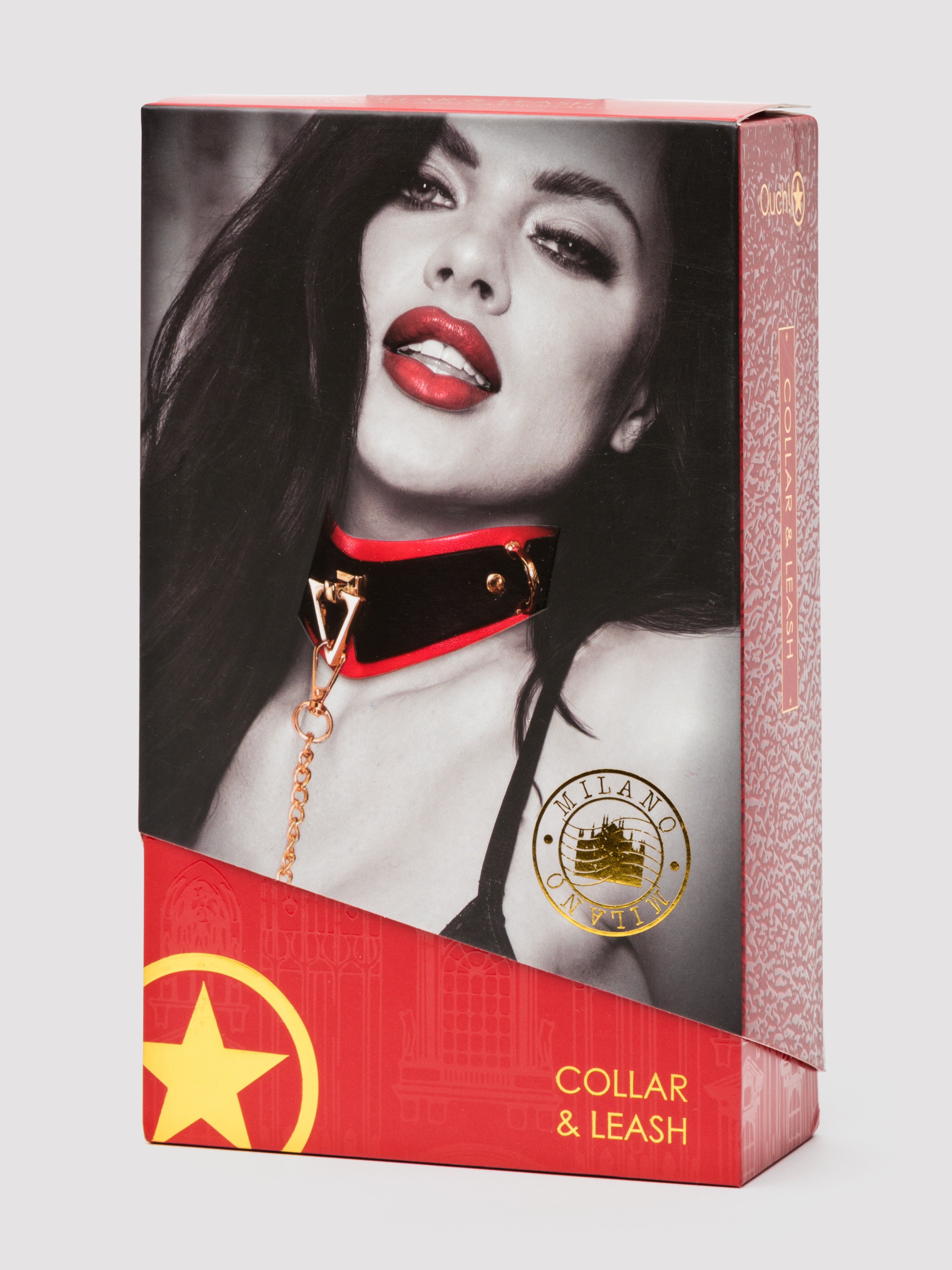 Ouch! Milan Faux Leather Collar with Leash, Red, hi-res